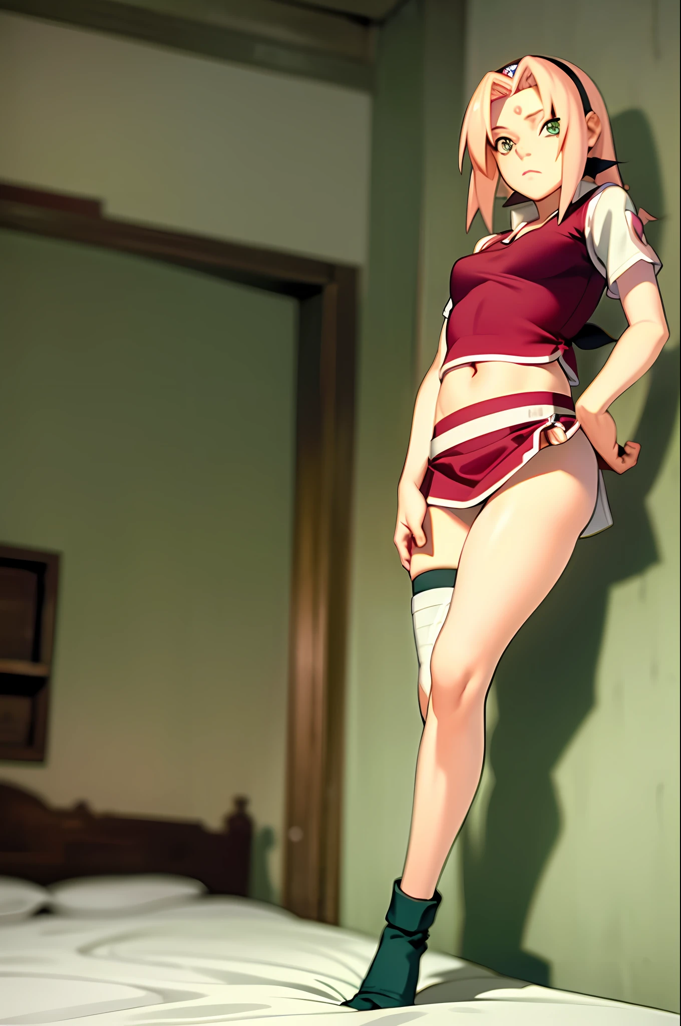 masterpiece, best quality, 1girl, Sakura Haruno, small breasts, toned, looking at the viewer, school uniform, lifting shirt, thigh socks, midriff, in bed, sun, mini skirt raised, no panties (green eyes: 0.6)