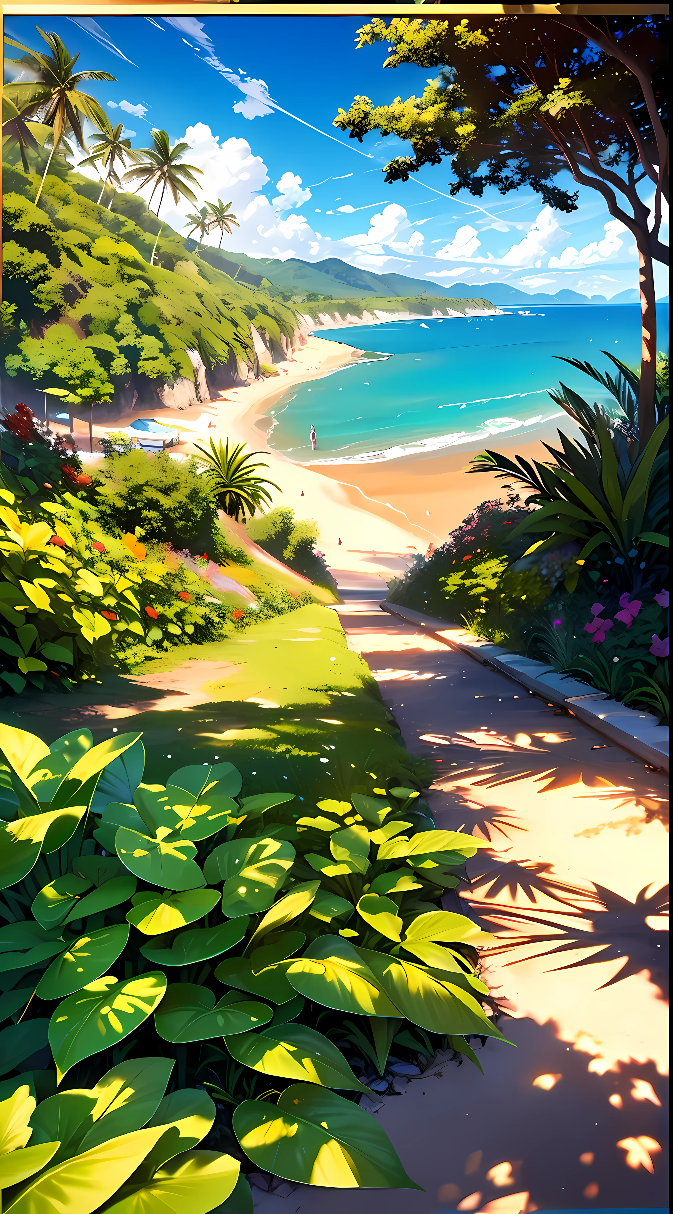 A wide-ranging landscape photo, captured with a stunning view of the beach, with the blue sky and the open countryside of the coastline below. On the golden sand, a girl is standing, barefoot, looking up. The bright sun (1:2) is radiant in the sky, scattering its rays of golden light throughout the scene. In the distance, distant mountains can be seen along the coast, adding a sense of serenity. BREAK Crafting Art tropical trees frame the beach, providing soft shade and a picturesque natural frame. The warm light (1.2) of the sun bathes the scene, creating a vibrant color palette, with shades of purple and orange blending harmoniously. Intricate details and volumetric lighting BREAK (Masterpiece: 1.2) highlight the stunning beauty of the place. The image quality is 4K, ultra detailed, capturing each element perfectly. The dynamic composition (1.4) gives movement and fluidity to the image, while vivid colors and a rainbow (1.2) add a magical touch. The brightness of the sun reflected in the water and the atmospheric lighting create an atmosphere of dream and tranquility. The soil (1.2) is rich in detail and texture, conveying the feeling of walking on the warm sand of the beach.