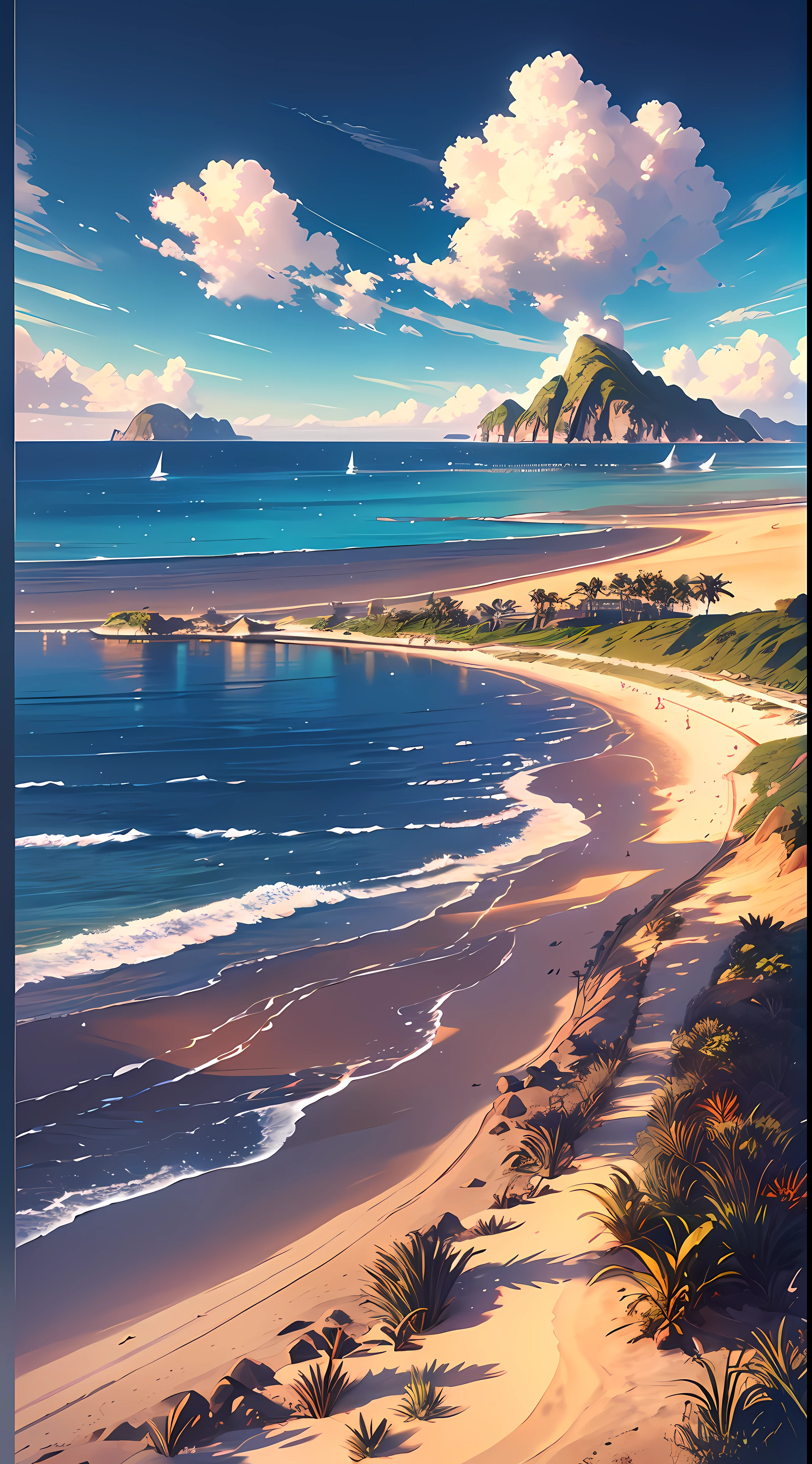 A wide-ranging landscape photo, captured with a stunning view of the beach, with the blue sky and the open countryside of the coastline below. On the golden sand, a girl is standing, barefoot, looking up. The bright sun (1:2) is radiant in the sky, scattering its rays of golden light throughout the scene. In the distance, distant mountains can be seen along the coast, adding a sense of serenity. BREAK Crafting Art tropical trees frame the beach, providing soft shade and a picturesque natural frame. The warm light (1.2) of the sun bathes the scene, creating a vibrant color palette, with shades of purple and orange blending harmoniously. Intricate details and volumetric lighting BREAK (Masterpiece: 1.2) highlight the stunning beauty of the place. The image quality is 4K, ultra detailed, capturing each element perfectly. The dynamic composition (1.4) gives movement and fluidity to the image, while vivid colors and a rainbow (1.2) add a magical touch. The brightness of the sun reflected in the water and the atmospheric lighting create an atmosphere of dream and tranquility. The soil (1.2) is rich in detail and texture, conveying the feeling of walking on the warm sand of the beach.