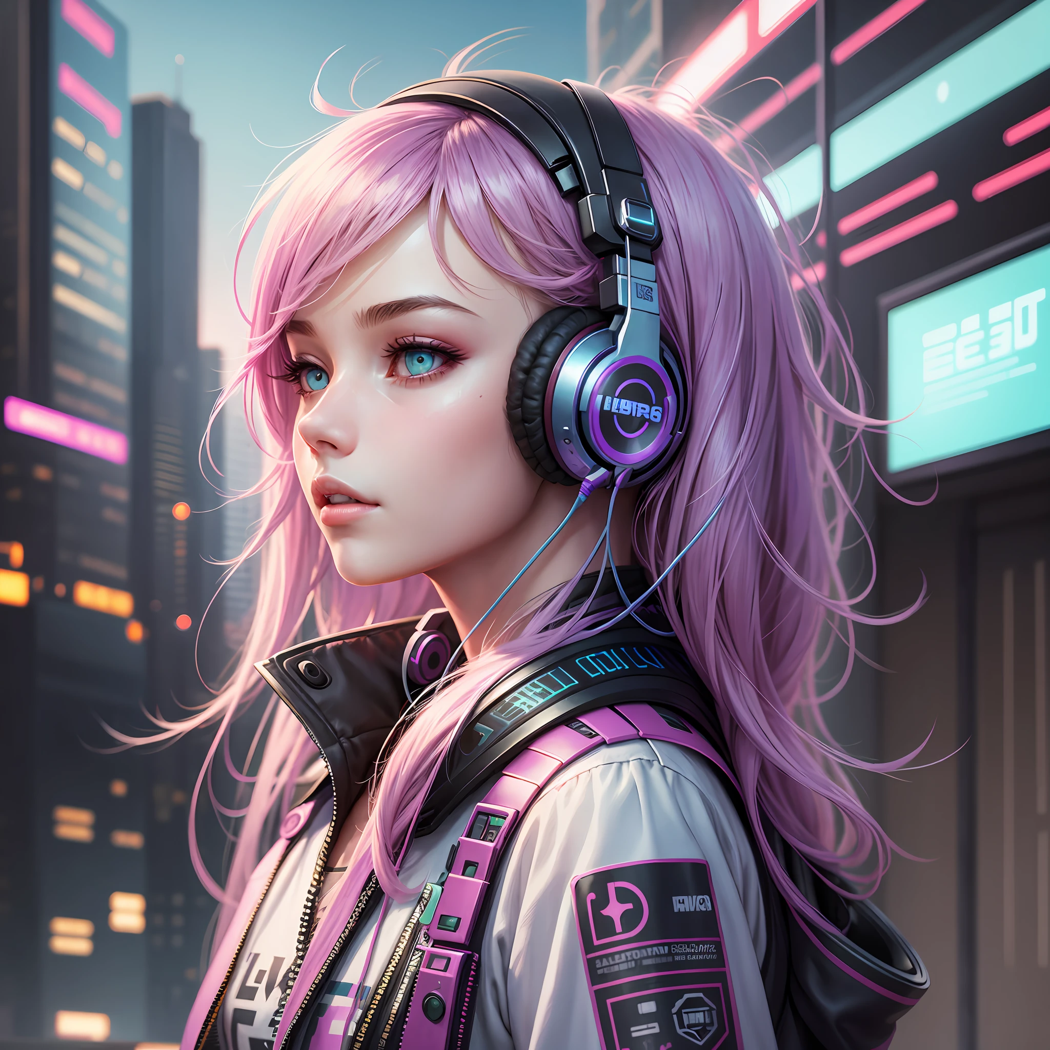 Beautiful student, cyberpunk style, listening to music with her futuristic headphone on a spring day --auto --s2