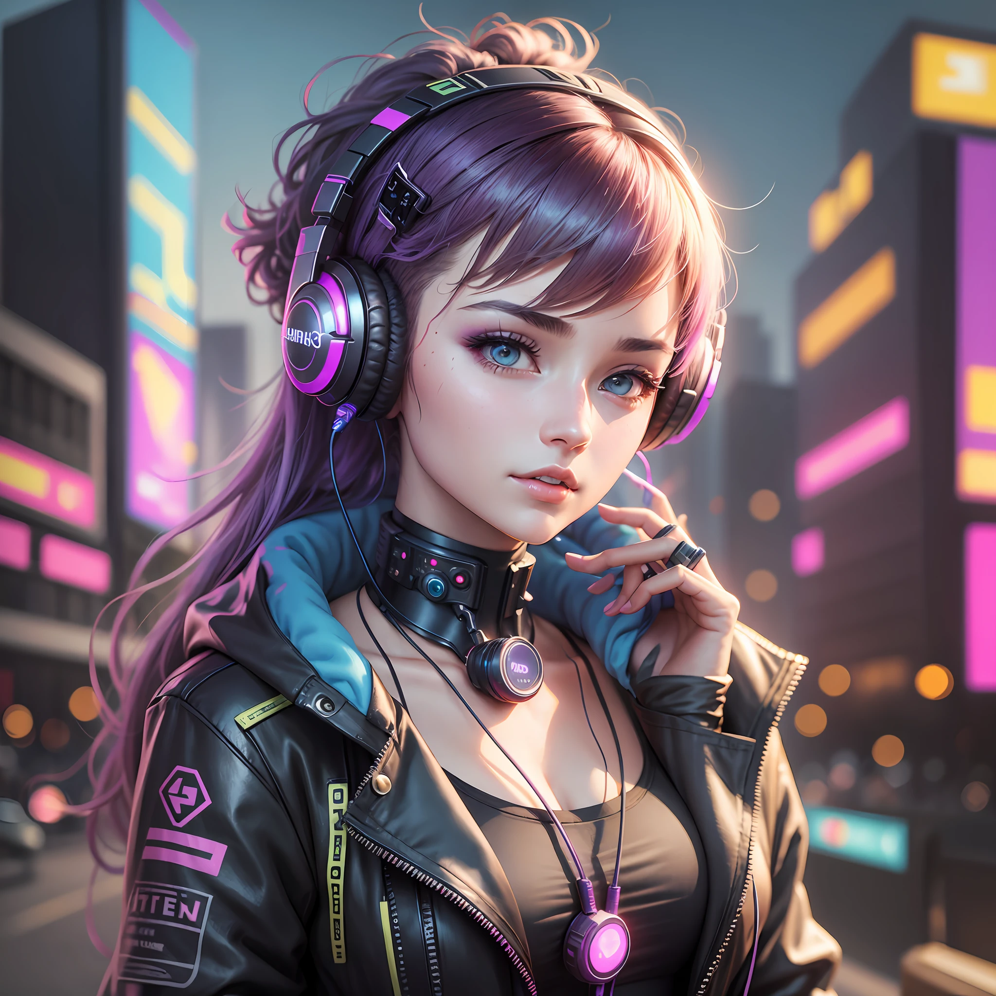 Beautiful student, cyberpunk style, listening to music with her futuristic headphone on a spring day --auto --s2