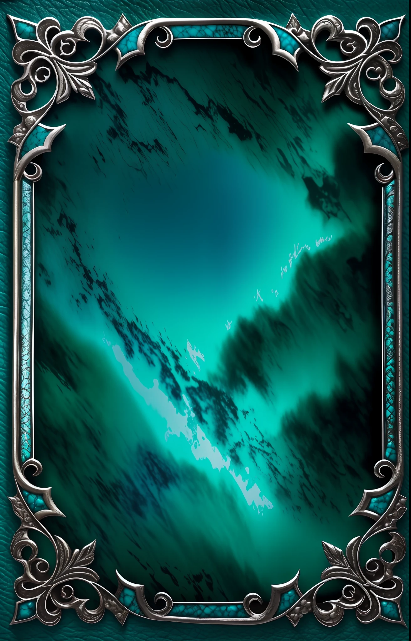 book cover, high fantasy book, turquoise leather cover, leather texture, leather with scales, silver adornment, silver ornament, detailed adornment, metallic ornament, detailed cover, metallic texture, shiny silver, realistic