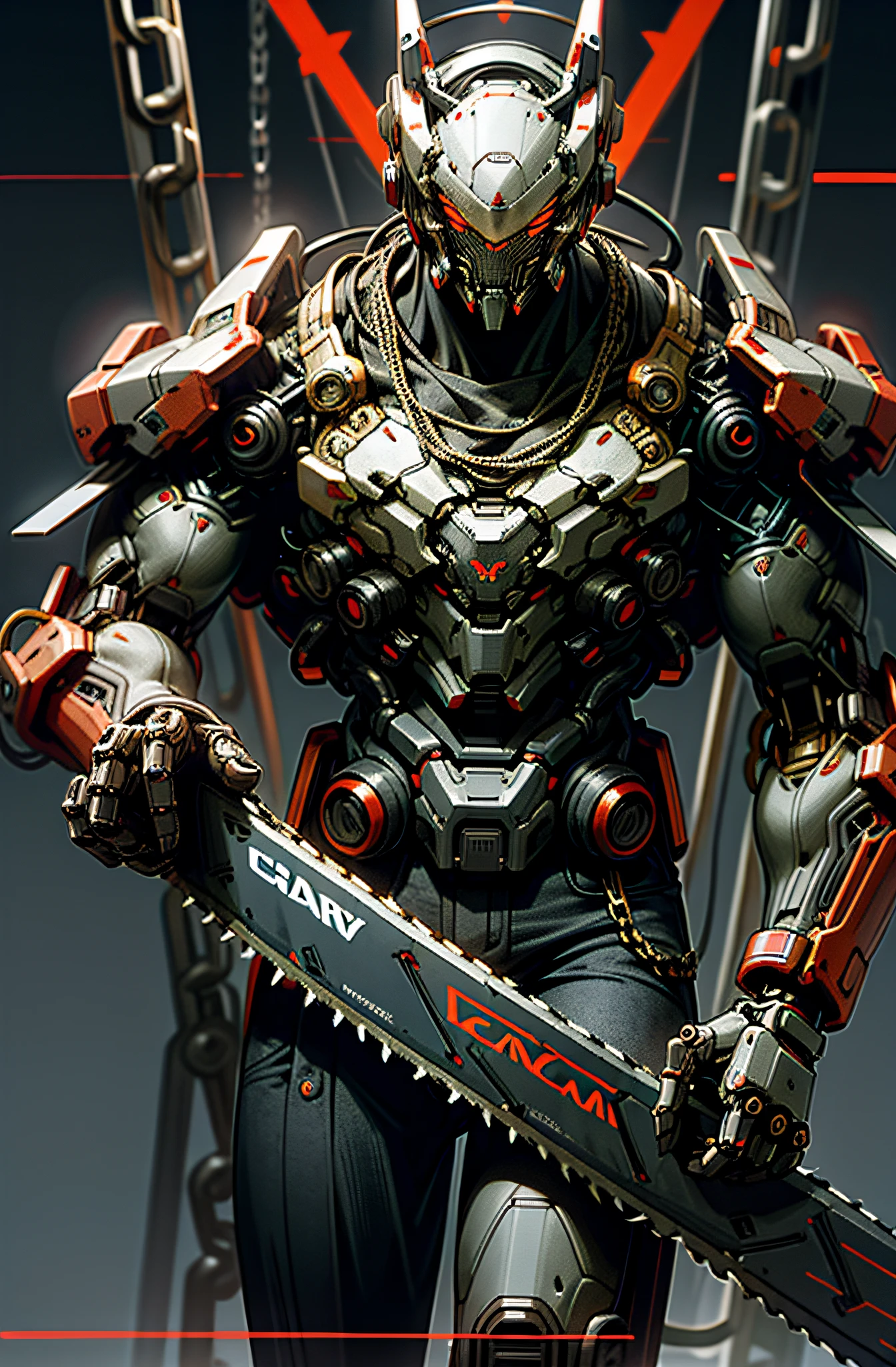 Dark_Fantasy,Cyberpunk,(chain saw,chain saw man,Red:1.1),1man,Mechanical marvel,Robotic presence,Cybernetic guardian,