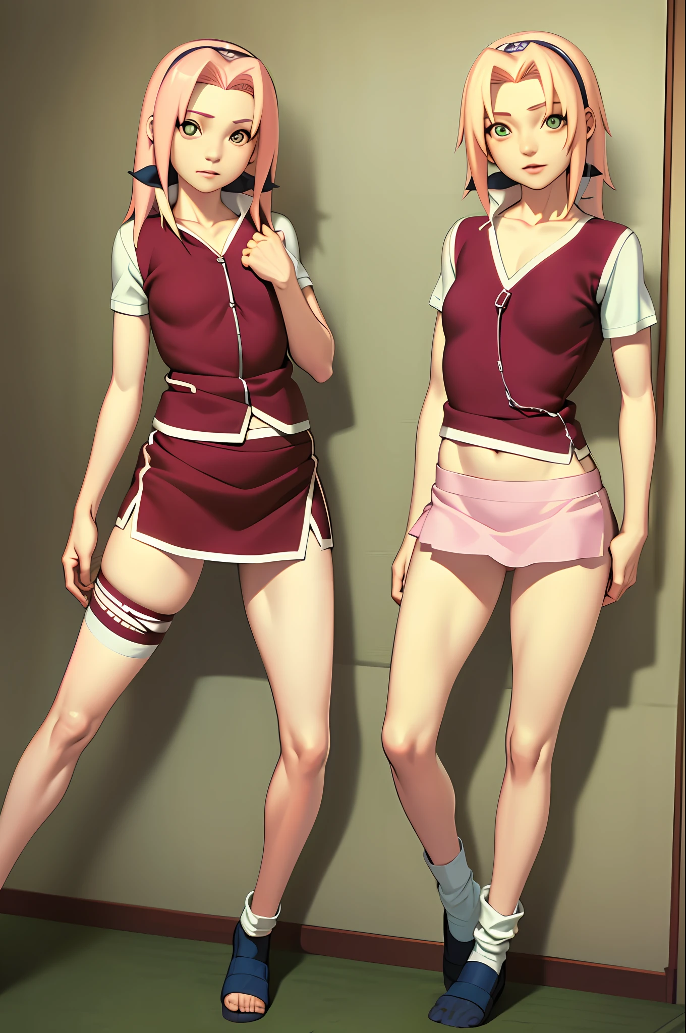 masterpiece, best quality, 1girl, Sakura Haruno, small breasts, toned, looking at the viewer, school uniform, lifting shirt, thigh socks, midriff, in bed, sun, mini skirt raised, no panties (green eyes: 0.6)