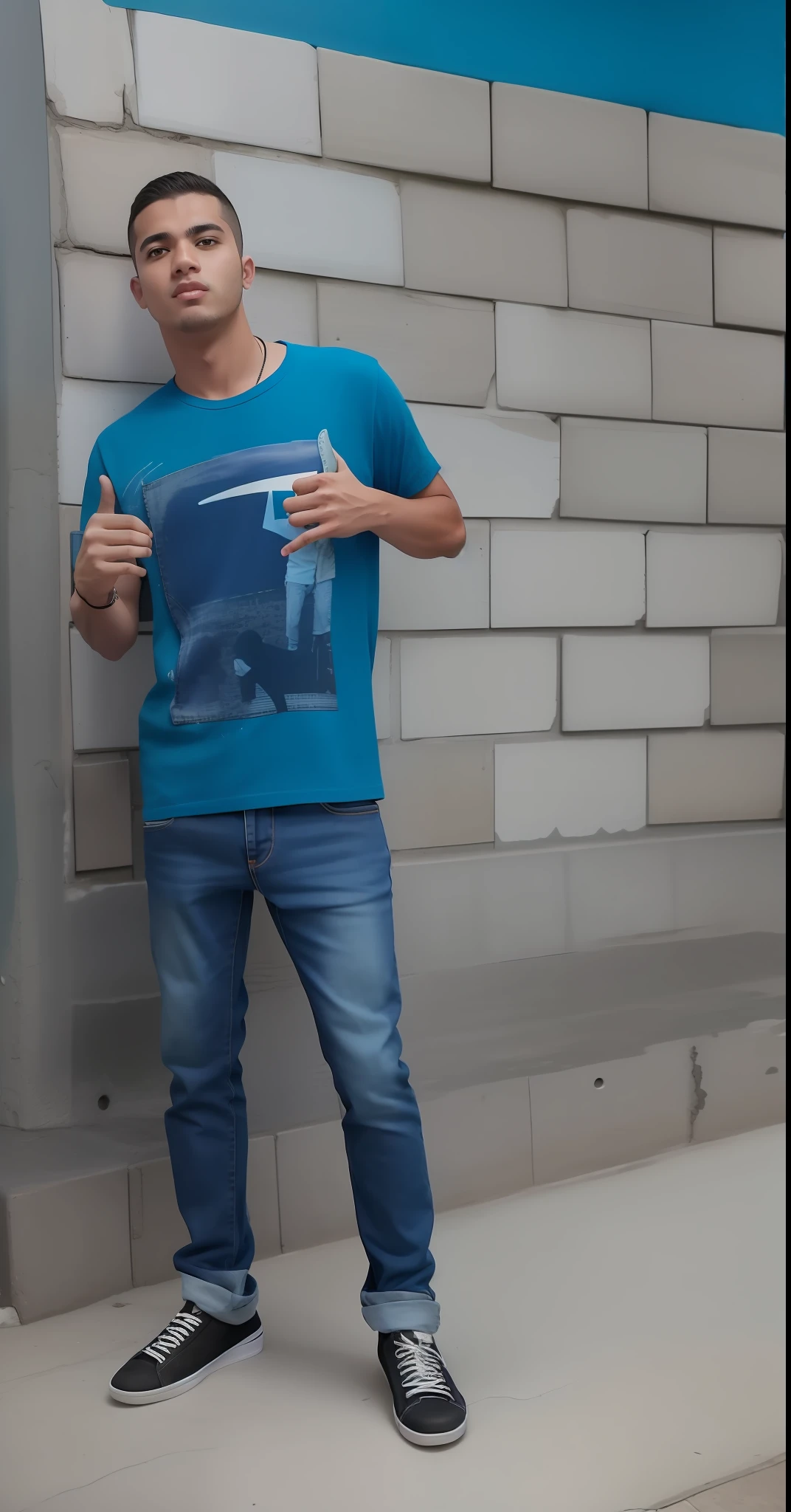 Man in blue shirt and jeans standing on the sidewalk with skateboard, full body photo, Caio Santos, with cool pose, realistic photo, cool pose, Mohamed Reda, Mohamed Chahin style, Matthew 9 5, casual pose, potrait, location ( favela _ wall ), portrait!!!!!!, andreas, full body photo, full body photo, ultra realistic anime