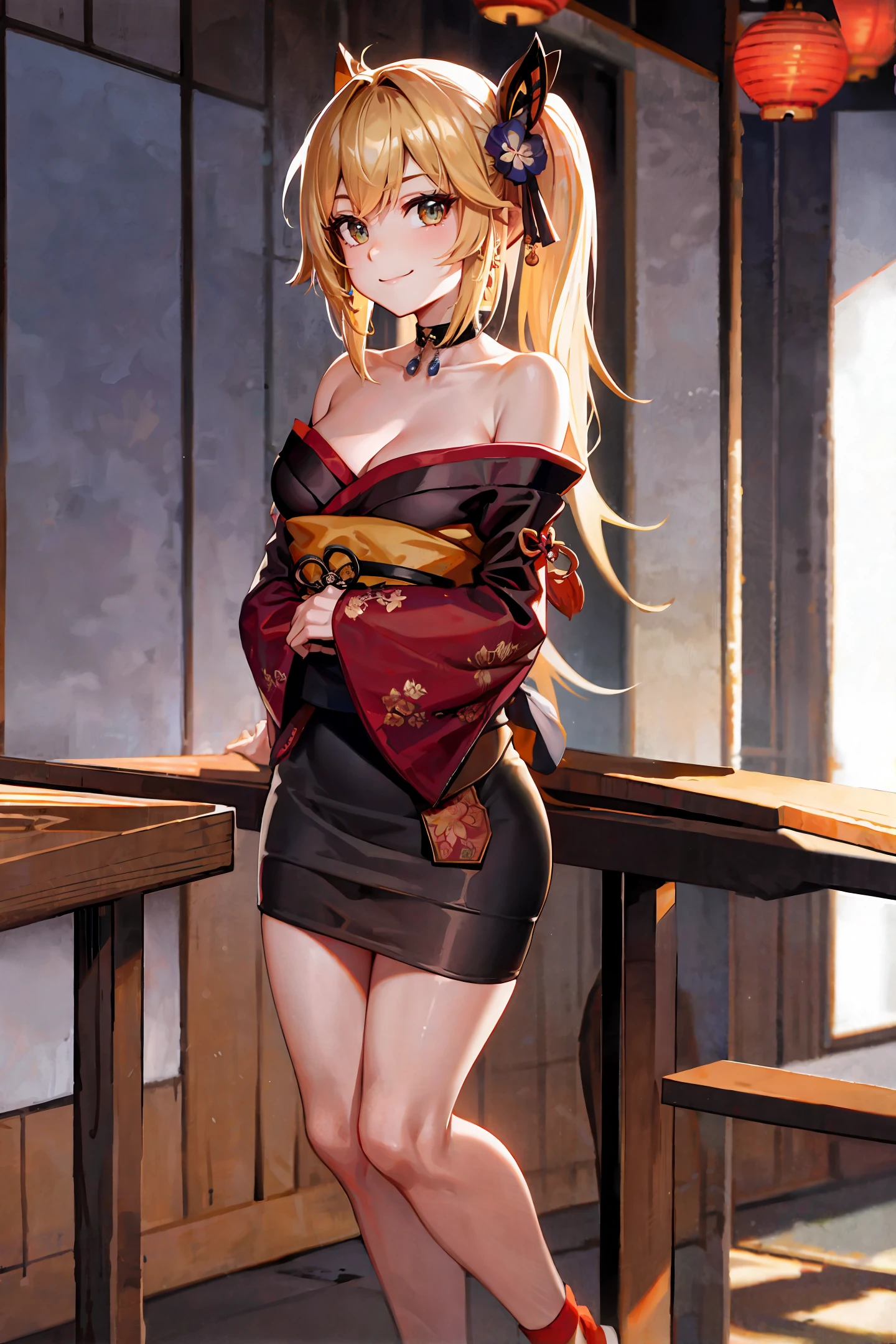 masterpiece, best quality, highres, (photorealistic: 1.4), earrings, (depth of field: 1.8), beautiful brazilian girl, thigh slit, 1 girl, long blonde hair, ponytail, (solo: 1.1), red, (slit skirt curtain: 1.5), (halter neck t-shirt), shinobi, ninja, bare shoulder, elbow gloves, (looking at the viewer:1.2), (smile:1.2), (full body:1.),  (in the city:1.5), medium chest, (pureerosface_v1:0.5),