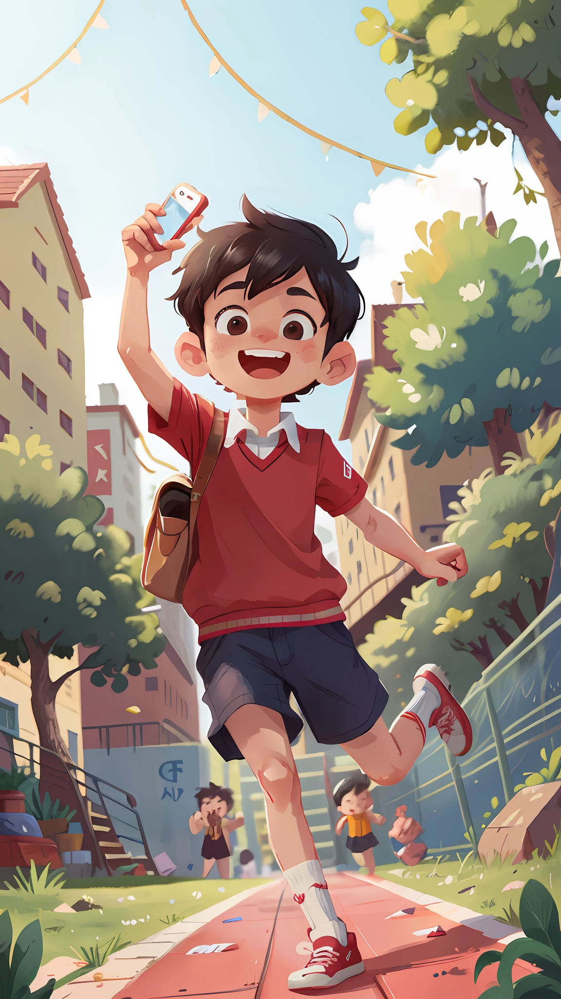 A boy, short black hair, smartphone in hand,school uniform, school playground, race track, crossing the finish line, victory, happy, happy, with a red band tied over his head, perfect quality, clear focus, (Masterpiece: 1.2) (Realistic: 1.2) (Bokeh) (Best quality) (Detailed Leather: 1.3) (Intricate Details) (8K) (Detail Eyes) (Sharp Focus), (Happy)