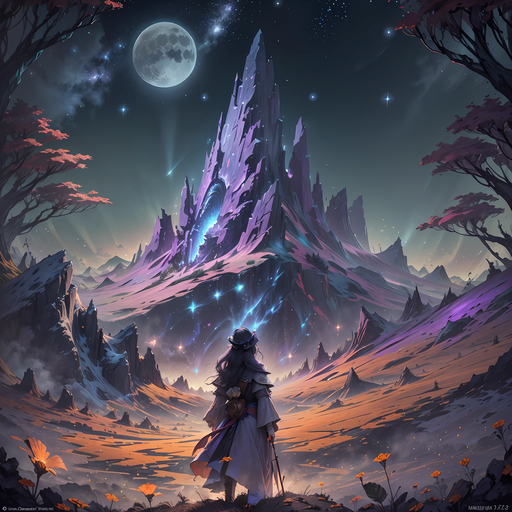 expansive landscape photography, (a view from below showing a Chinese dragon in the sky above and the open field below), a girl standing in a field of flowers looking up (full moon: 1.2), (shooting stars: 0.9), (nebula: 1.3), distant mountain, tree production art, (hot light source: 1.2), (Firefly: 1.2), lamp, very purple and orange, complex details, volumetric lighting BREAK (masterpiece: 1.2), (best quality), 4k, ultra-detailed, (dynamic composition: 1.4), highly detailed color details (iridescent colors: 1.2), (bright lighting, atmospheric lighting), dreamy, magical, (solo: 1.2) --auto --s2