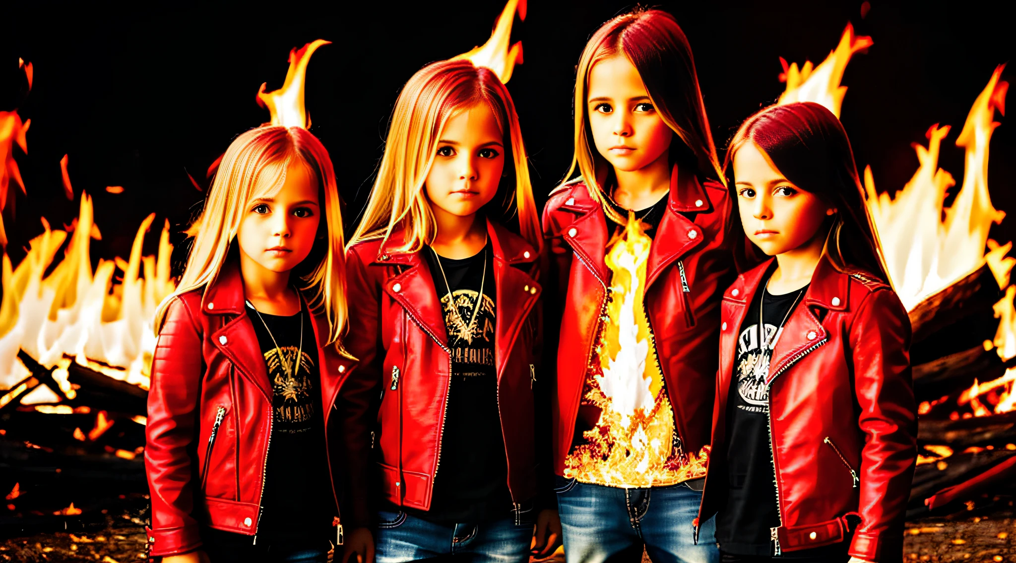 3 girls blonde children WITH STRAIGHT HAIR, RED LEATHER JACKET AND BLACK CLOTHING. PORTRAT STYLE, GREEN CRYSTALS, flames are glowing in the dark with a reflection of fire, flames of fire, flames in the background, fire and flames, flames in the background, place of fire roaring, flames of fire in the background, flames in flames, flames in the background, red flames in the background, fire and flames and smoke, fire in flames, many flames, flame and fire, fire in the background, Multiple flames