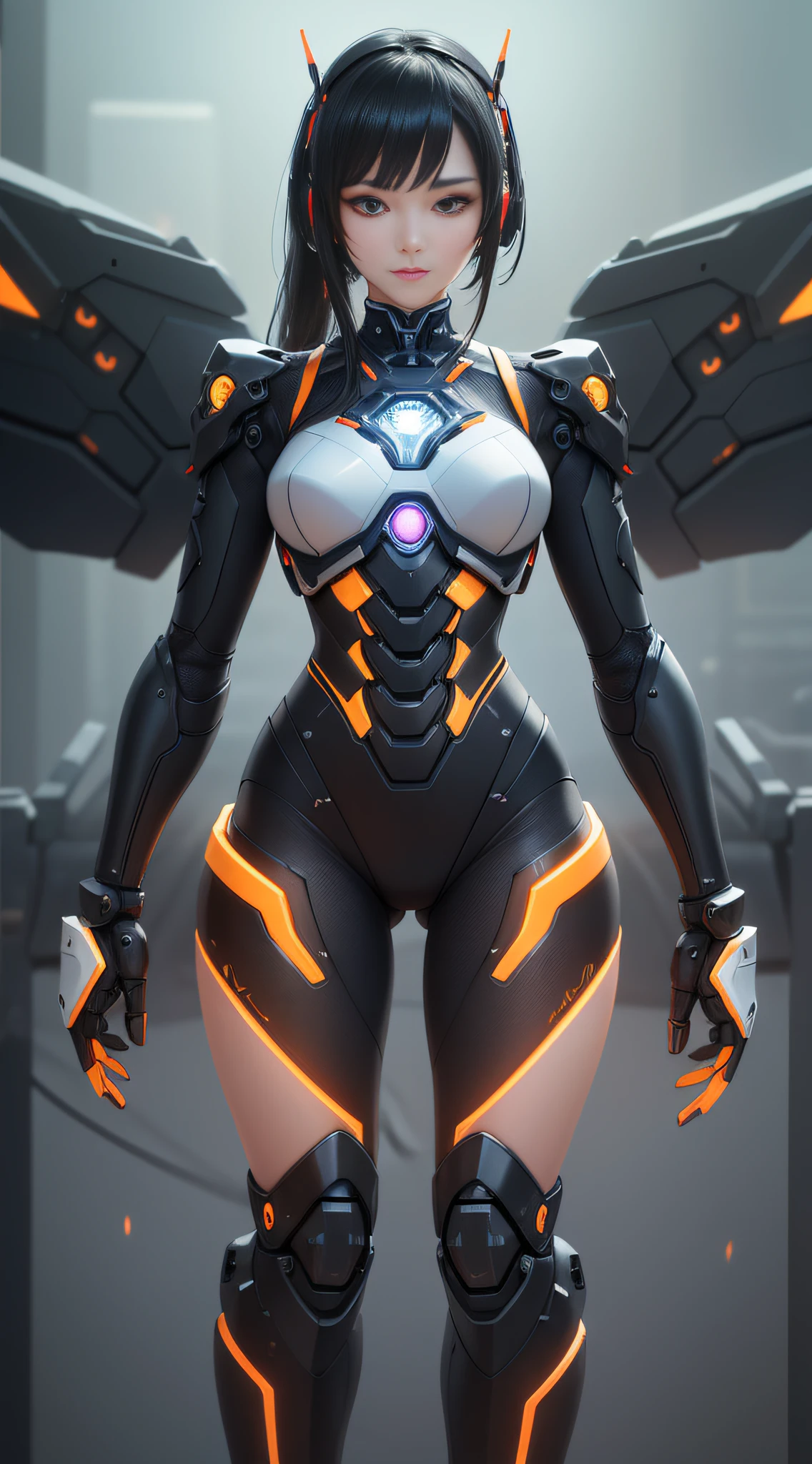 1 mechanical Chinese girl, Asian girl, clear facial features, facial optimization, (ultra-realistic details), carbon fiber mech, shiny mech, perfect fusion of any machinery, full body shot, global illumination, octane value rendering, 8K, cool mech, carbon black mixed with Chinese red mech, metal, intricate, detailed decorations, cold, cool colors, highly complex details, realistic pipelines, facing the camera, looking at the audience, neon light details, mechanical limbs, mechanical spine, mechanical cervical vertebrae connected to the neck, vibrant colors, super-saturated colors, digital art, realism style, metal wings.
