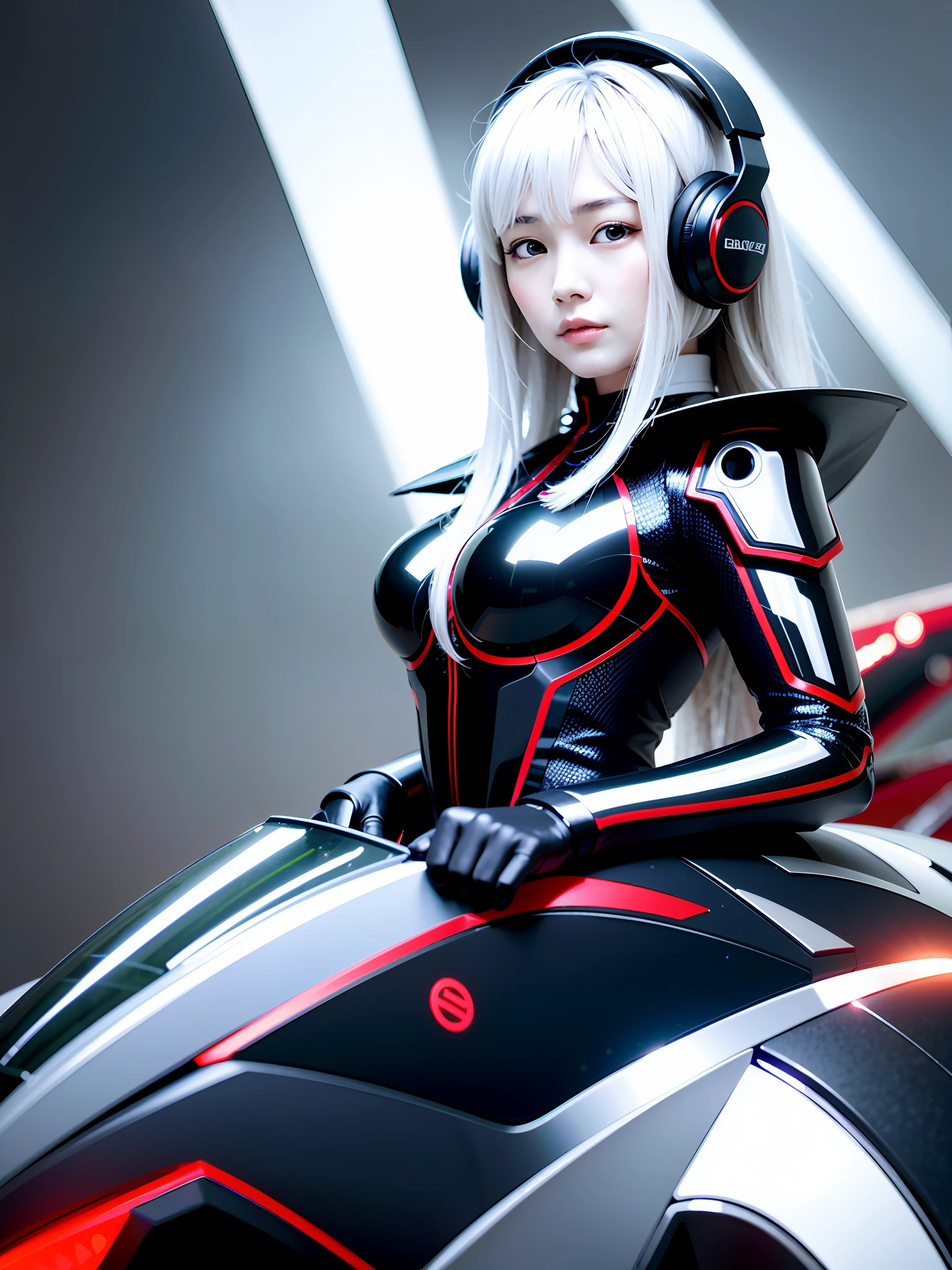 Super resolution, top quality, ultra-realistic, mysterious beautiful chinese woman, medium hair, silver hair, dressed in mechanical armor, futuristic headphones, straddling a futuristic motorcycle, background with lots of neon lights