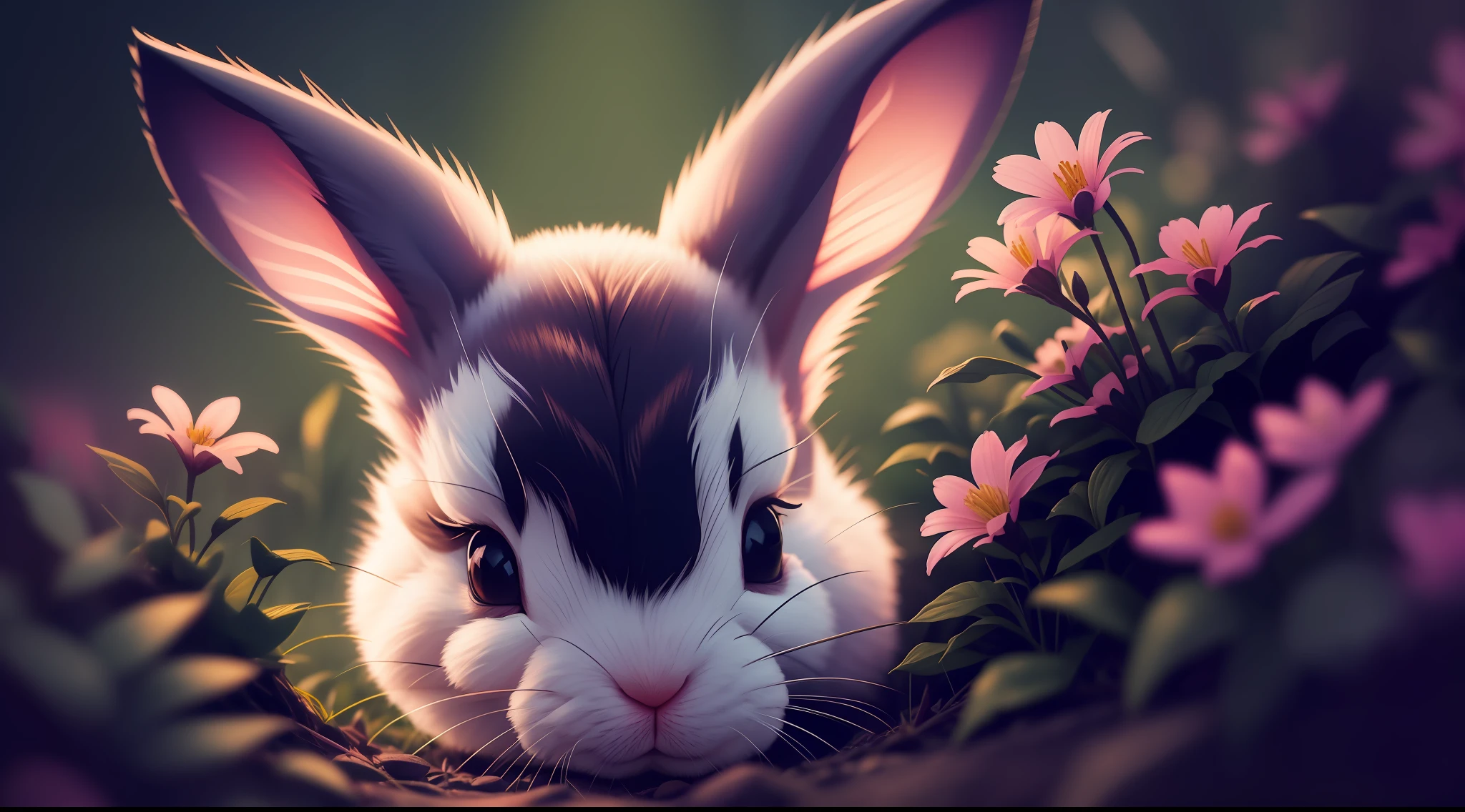 bunny, blur, bunny, flower, nature, no_humans, depth of field, to8contrast style, DARK_Glam, wearing DRK_Glam, deep shadows, (dark: 1.4), (8k, RAW photo, best quality, masterpiece: 1.2) --auto --s2