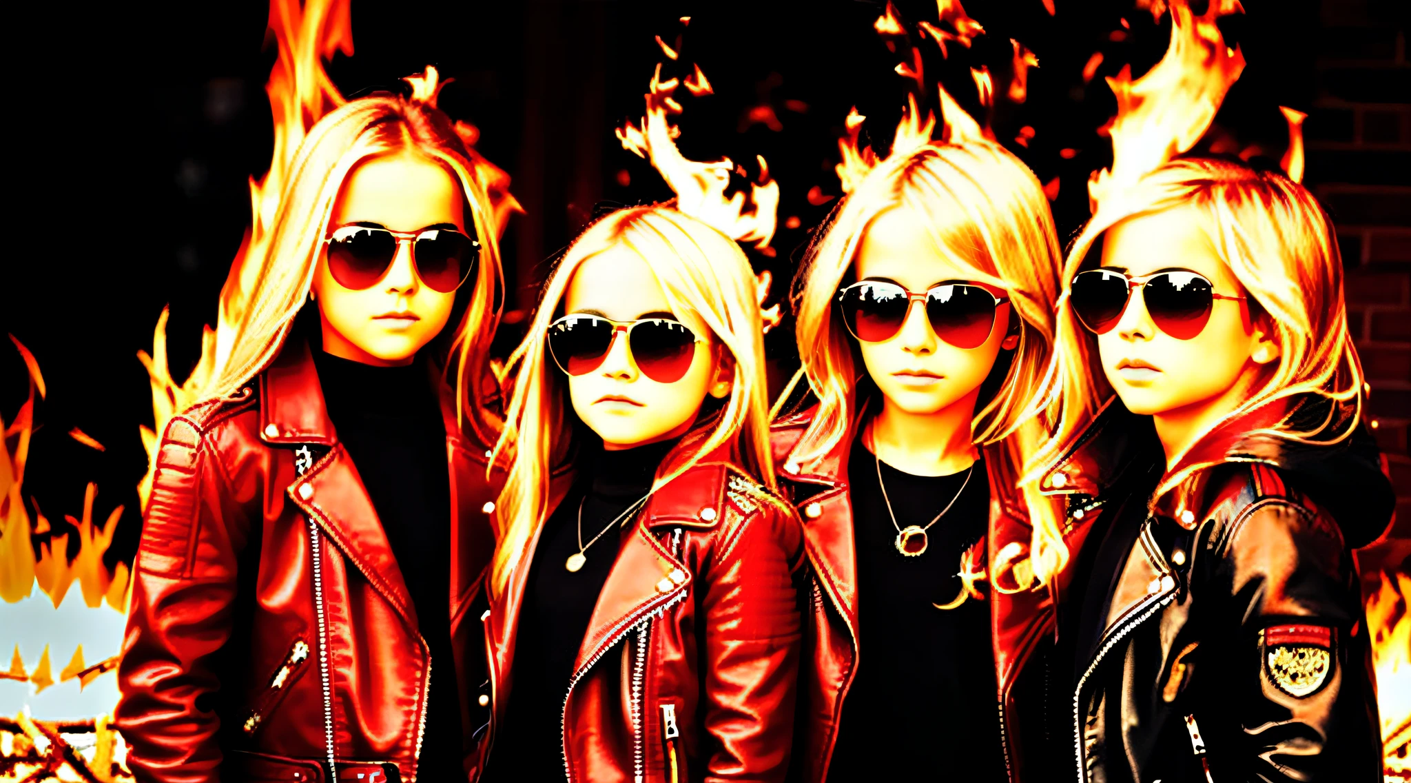 3 girls blonde children WITH STRAIGHT HAIR WITH SUNGLASSES, RED LEATHER JACKET AND BLACK CLOTHING. PORTRAT STYLE, flames are glowing in the dark with a reflection of fire, flames of fire, flames in the background, fire and flames, flames in the background, place of fire roaring, flames of fire in the background, flames in flames, flames in the background, red flames in the background, fire and flames and smoke, fire in flames, many flames, flame and fire,  fire in the background, Multiple flames