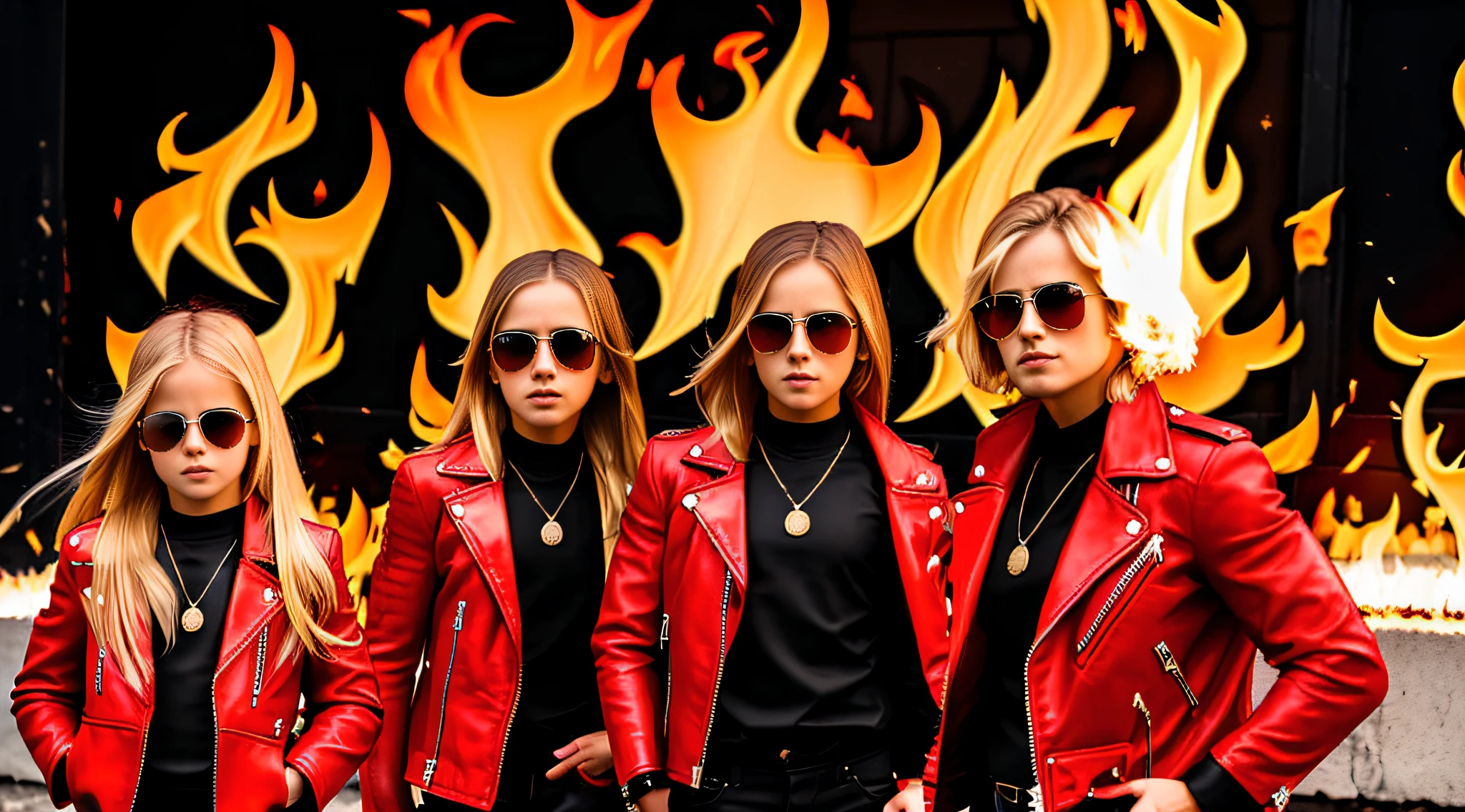 3 girls blonde children WITH STRAIGHT HAIR WITH SUNGLASSES, RED LEATHER JACKET AND BLACK CLOTHING. PORTRAT STYLE, flames are glowing in the dark with a reflection of fire, flames of fire, flames in the background, fire and flames, flames in the background, place of fire roaring, flames of fire in the background, flames in flames, flames in the background, red flames in the background, fire and flames and smoke, fire in flames, many flames, flame and fire, fire in the background, Multiple flames