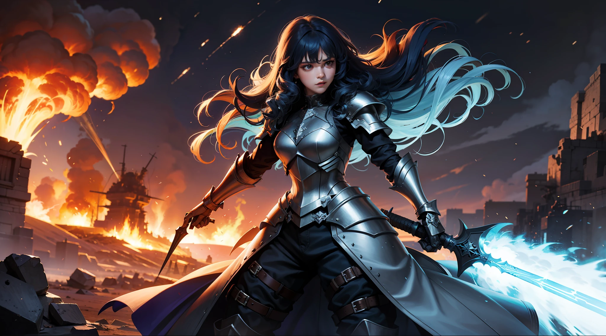 a girl with blue curly fringed hair with a platinum heavy dress and armor with warm colors, in battle pose, battle background with explosions and fire, strong, gothic