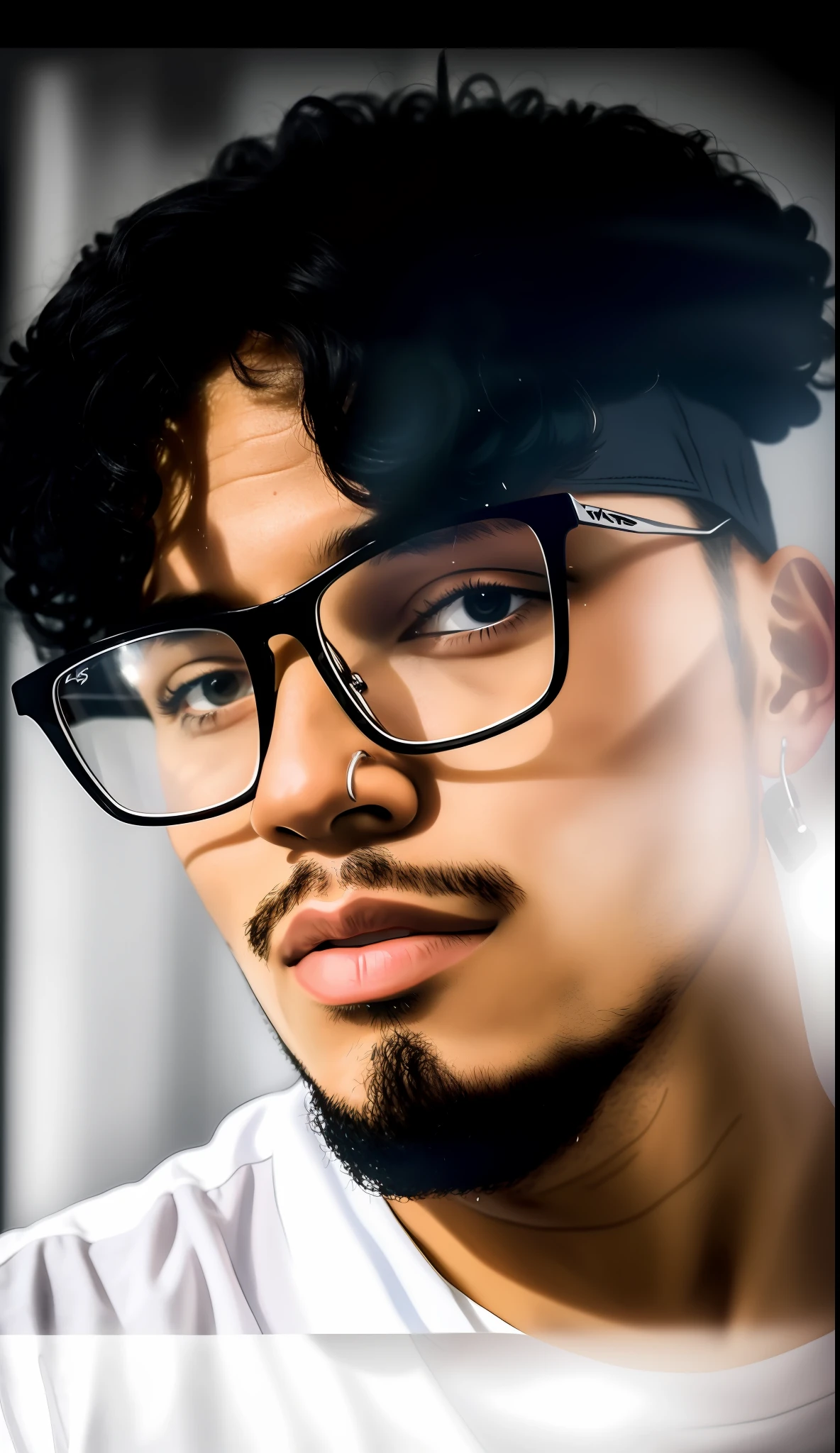 A closeup of a man in glasses and white shirt, taken in early 2020, in the style of Tyler Mitchell, headshot profile picture, profile picture, profile picture, headshot, , slick in background, B&W photo, anime gangster style