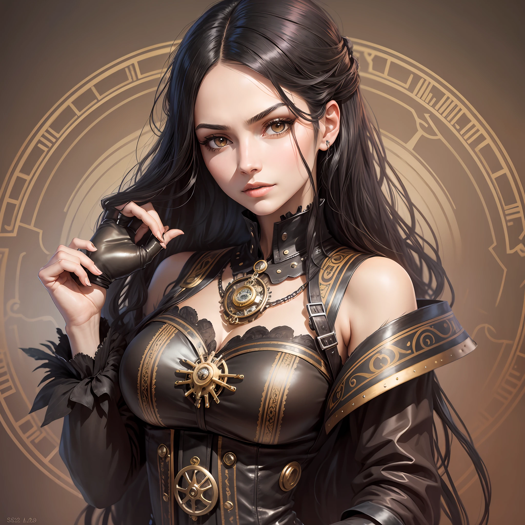 Woman with long hair black color, steampunk style, looking forward with look of astonishment with her hands on her head --auto --s2