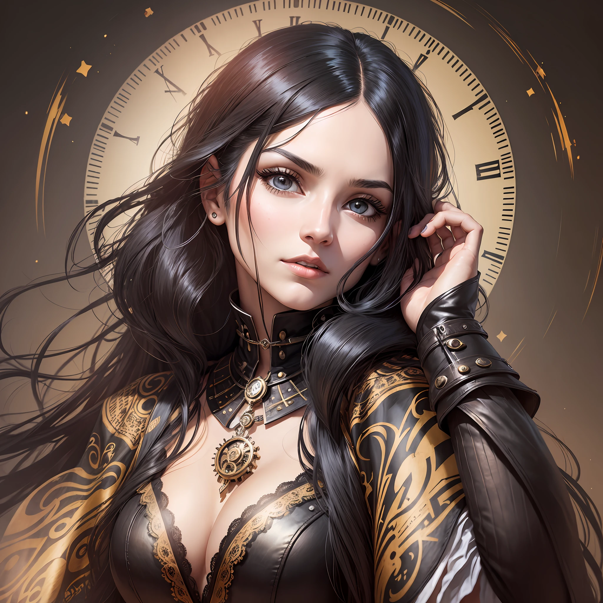 Woman with long hair black color, steampunk style, looking forward with look of astonishment with her hands on her head --auto --s2