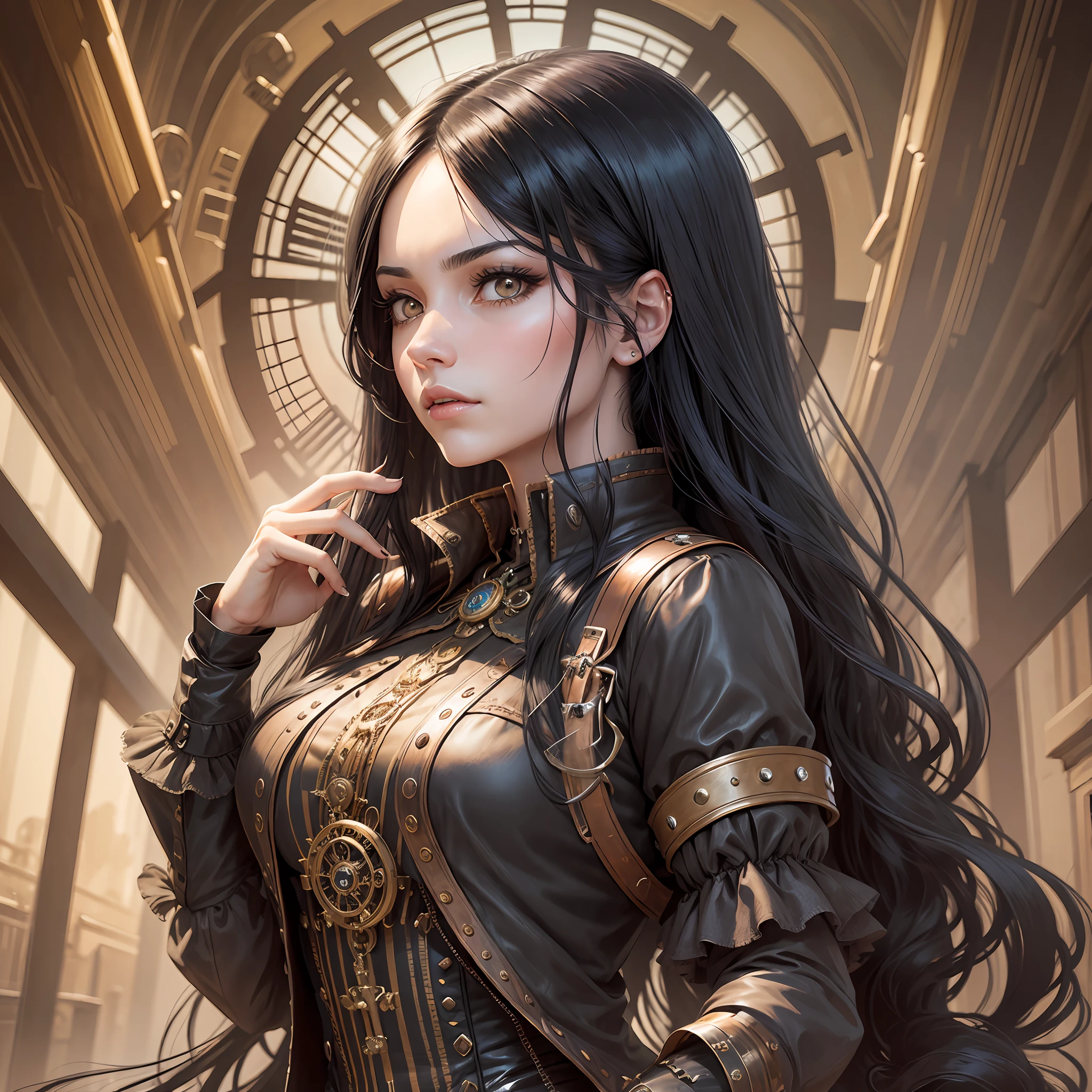 Woman with long hair black color, steampunk style, looking forward with look of astonishment with her hands on her head --auto --s2