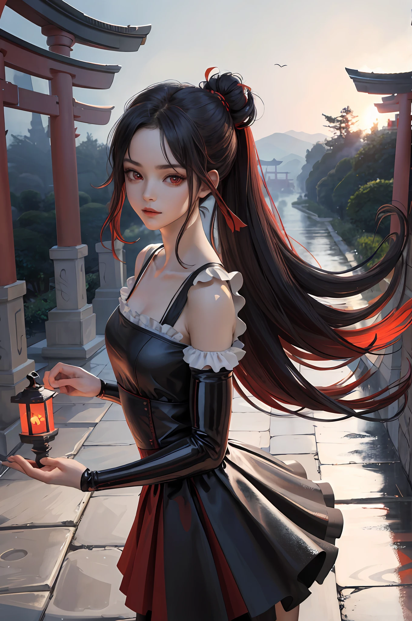 (masterpiece:1.2, best quality), (dinamic lighting) 1lady, solo, Cute face, red eyes, rad hair tied at the sides rolled down, shy, red and black French maid dress decorated, iron sword on the floor , (shiny skin:1.2), upper body, torii, temple