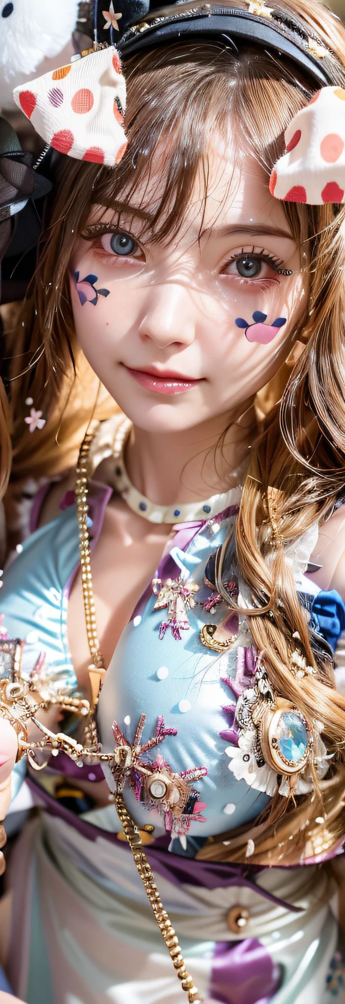 there is a woman with a hat and a dress with polka dots on it, skydoll noa, close up bust shot, close up details, detailed image, belle delphine, detailed dress and face, porcelain japanese mannequins, hottoys, china doll face, perfect android girl, detailed portrait of anime girl, misa amane *, cosplayer