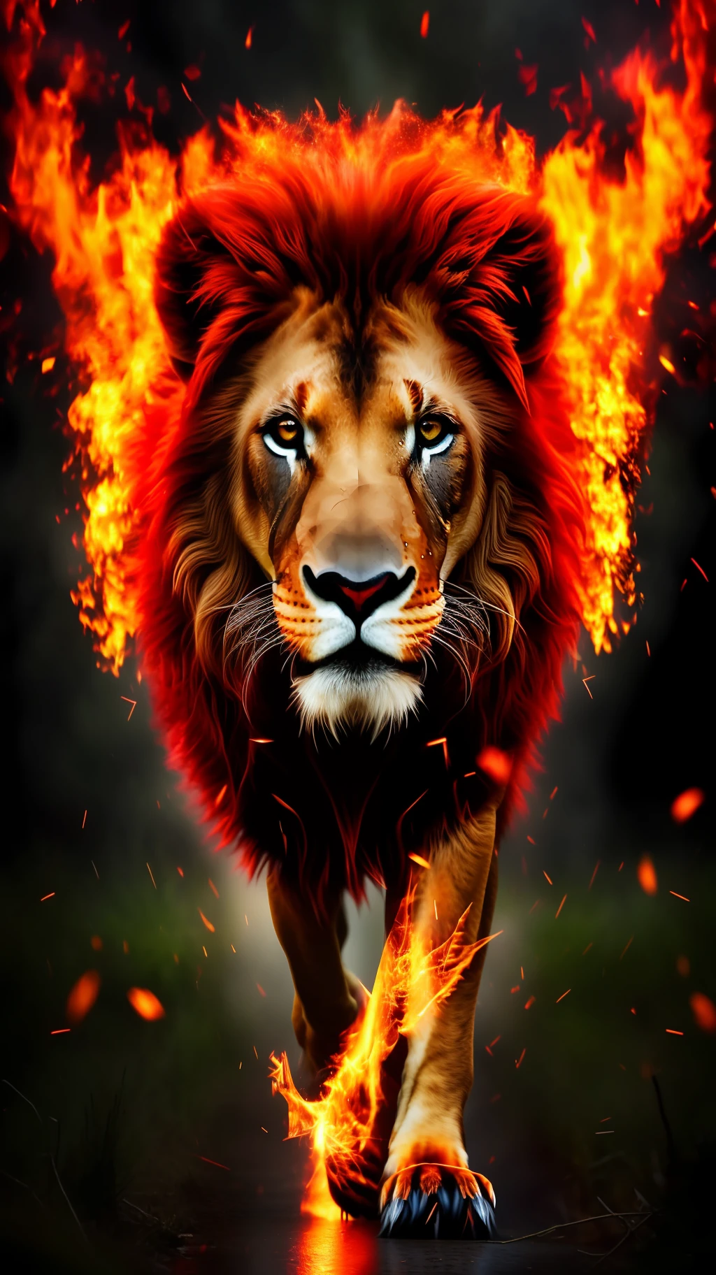 (Super realistic, ultra HD, high quality image) flaming eyes red lion( sharp image ultra realistic cinematic) cover on the back 1 solo, strong, imponete, fearless, wild forest background landscape, enquadro professional photographs.