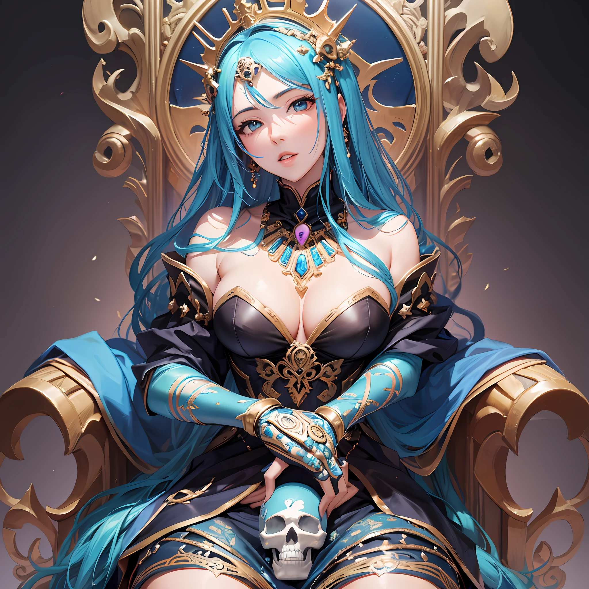 Super sexy and beautiful succube sitting on a super realistic and very detailed skull throne