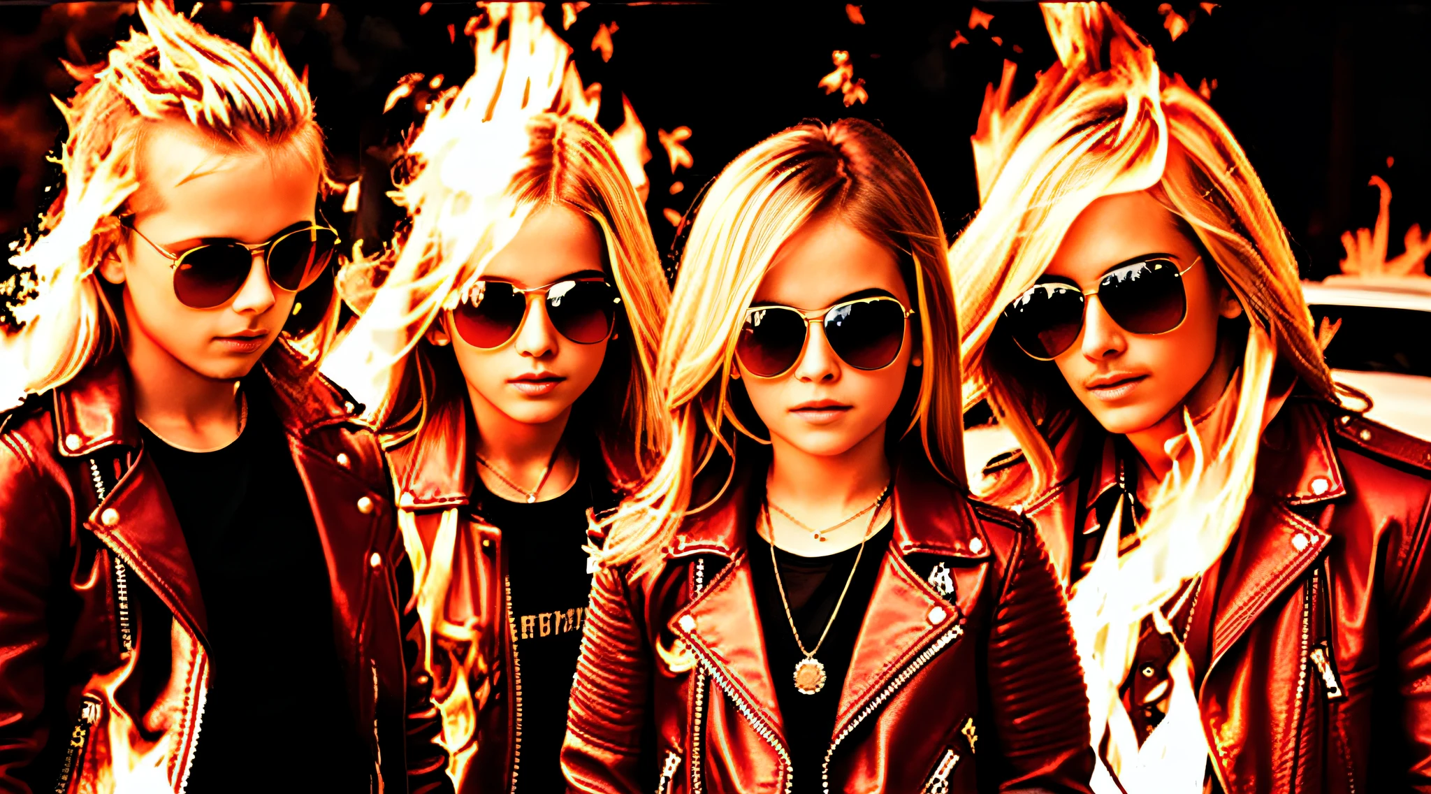 3 girls blonde children WITH STRAIGHT HAIR WITH SUNGLASSES, RED LEATHER JACKET AND BLACK CLOTHING. PORTRAT STYLE, flames are glowing in the dark with a reflection of fire, flames of fire, flames in the background, fire and flames, flames in the background, place of fire roaring, flames of fire in the background, flames in flames, flames in the background, red flames in the background, fire and flames and smoke, fire in flames, many flames, flame and fire, fire in the background, Multiple flames