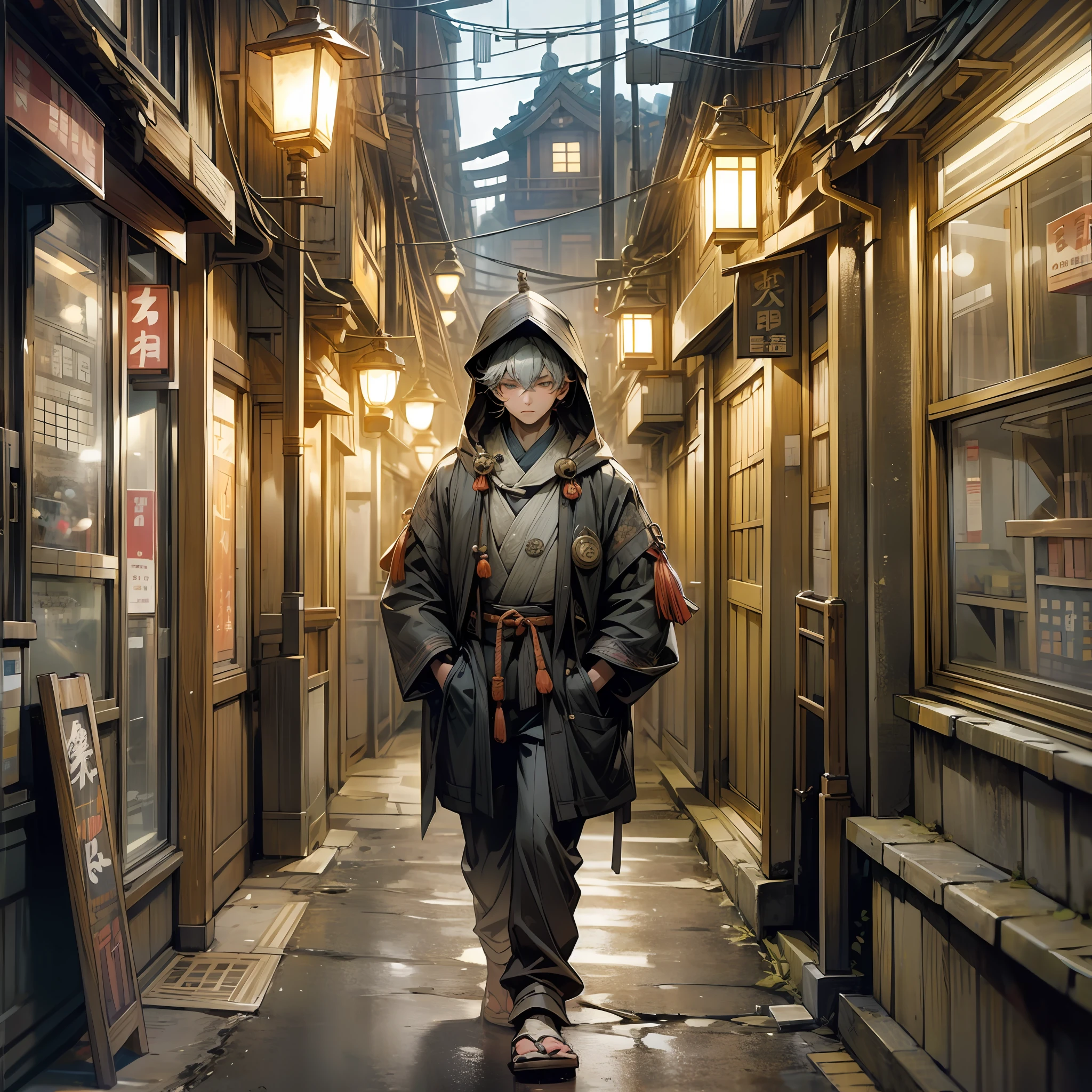 Boy of about 29 years, blouse with hood, hands in pockets, walking down the alley with manhole, wires, lamp lamps, Japanese style lamp, with shops of the most varied, realistic, very realistic, 8k, --auto --s2