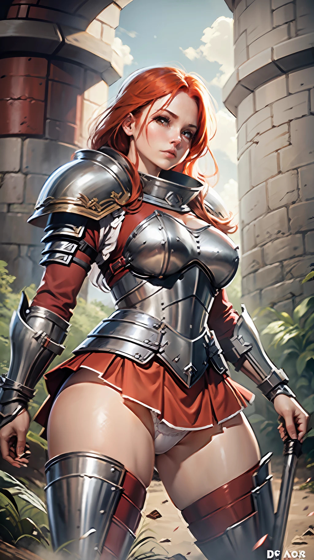 Warrior, costume, plate armor, short skirt, red skirt, lifting skirt, white panties, panties appearing, redhead, realistic, D&D, raised skirt, cameltoe, upskirt, steel gauntlets, steel boots, steel breastplate