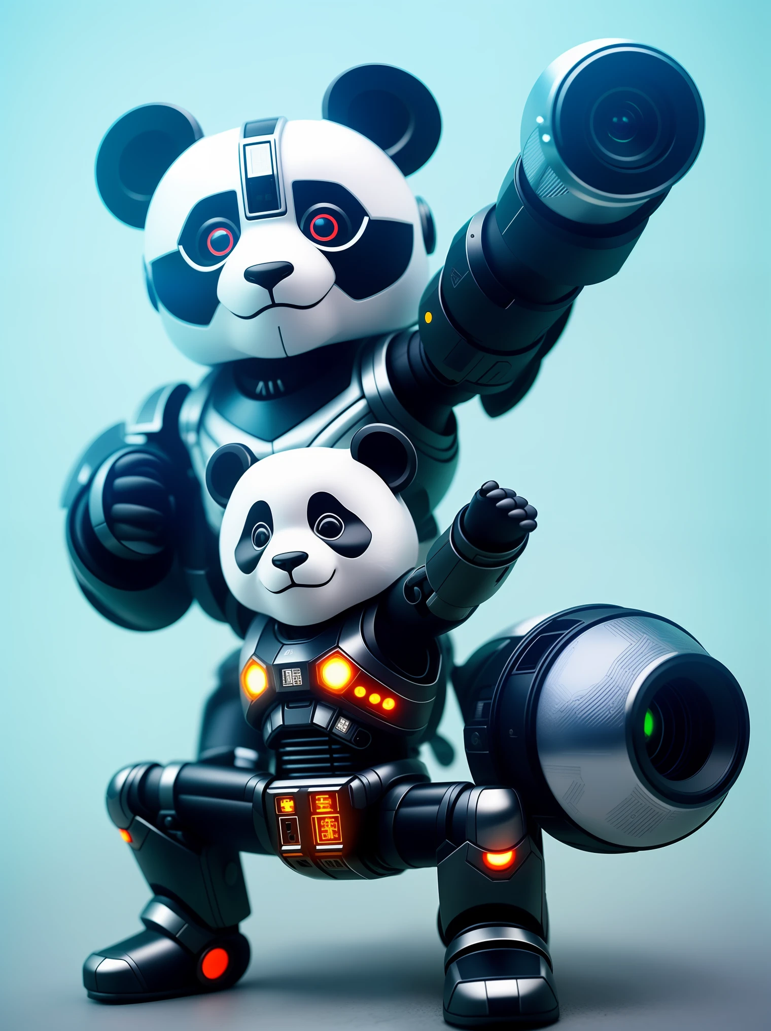 A cute panda made of metal, (cyborg: 1.1), ([tail | detailed wire]: 1.3), (intricate detail), hdr, (hyperdetailed: 1.2), cinematic lens, vignette, centered