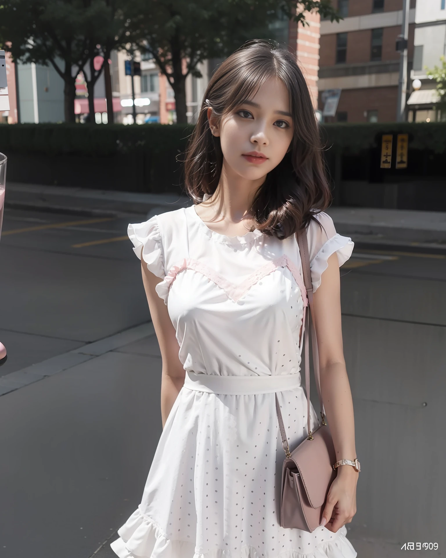 Girls, wear a polka-dot chiffon dress, (color is pink: 1.3), the material is chiffon, light and breathable, not easy to wrinkle, the length of the dress is knee-length, the neckline is a round neck, the sleeves are short sleeves, the waist is an elastic belt, the skirt is ruffles, and the overall style is sweet and cute. (This dress has polka dot pattern: 1.3), paired with a white or pink tote bag or cross-body bag, round neck design, short sleeve design, elasticated waistband design, skirt ruffle design, polka dot pattern design, both vintage and stylish, giving a fresh and lively feeling masterpiece, 4k, 8k, fine details, super high resolution, best quality, high definition, complex details, large file size, amazing, depth of field, natural shadows, (85mm, f/1.4, iso 200,1/600:0.75),(Whole body:1.3)