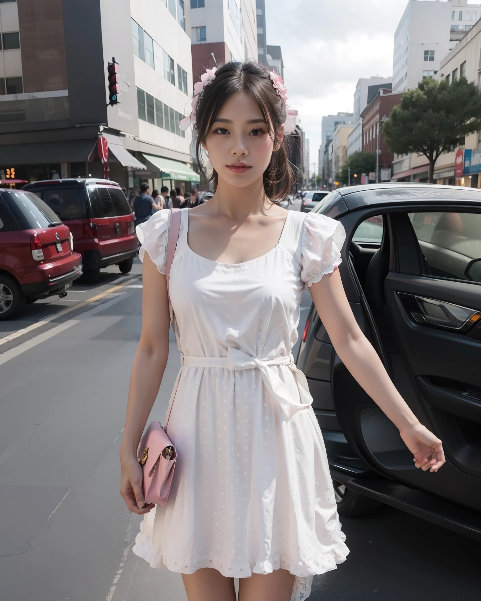 Girls, wear a polka-dot chiffon dress, (color is pink: 1.3), the material is chiffon, light and breathable, not easy to wrinkle, the length of the dress is knee-length, the neckline is a round neck, the sleeves are short sleeves, the waist is an elastic belt, the skirt is ruffles, and the overall style is sweet and cute. (This dress has polka dot pattern: 1.3), paired with a white or pink tote bag or cross-body bag, round neck design, short sleeve design, elasticated waistband design, skirt ruffle design, polka dot pattern design, both vintage and stylish, giving a fresh and lively feeling masterpiece, 4k, 8k, fine details, super high resolution, best quality, high definition, complex details, large file size, amazing, depth of field, natural shadows, (85mm, f/1.4, iso 200,1/600:0.75),(Whole body:1.3)