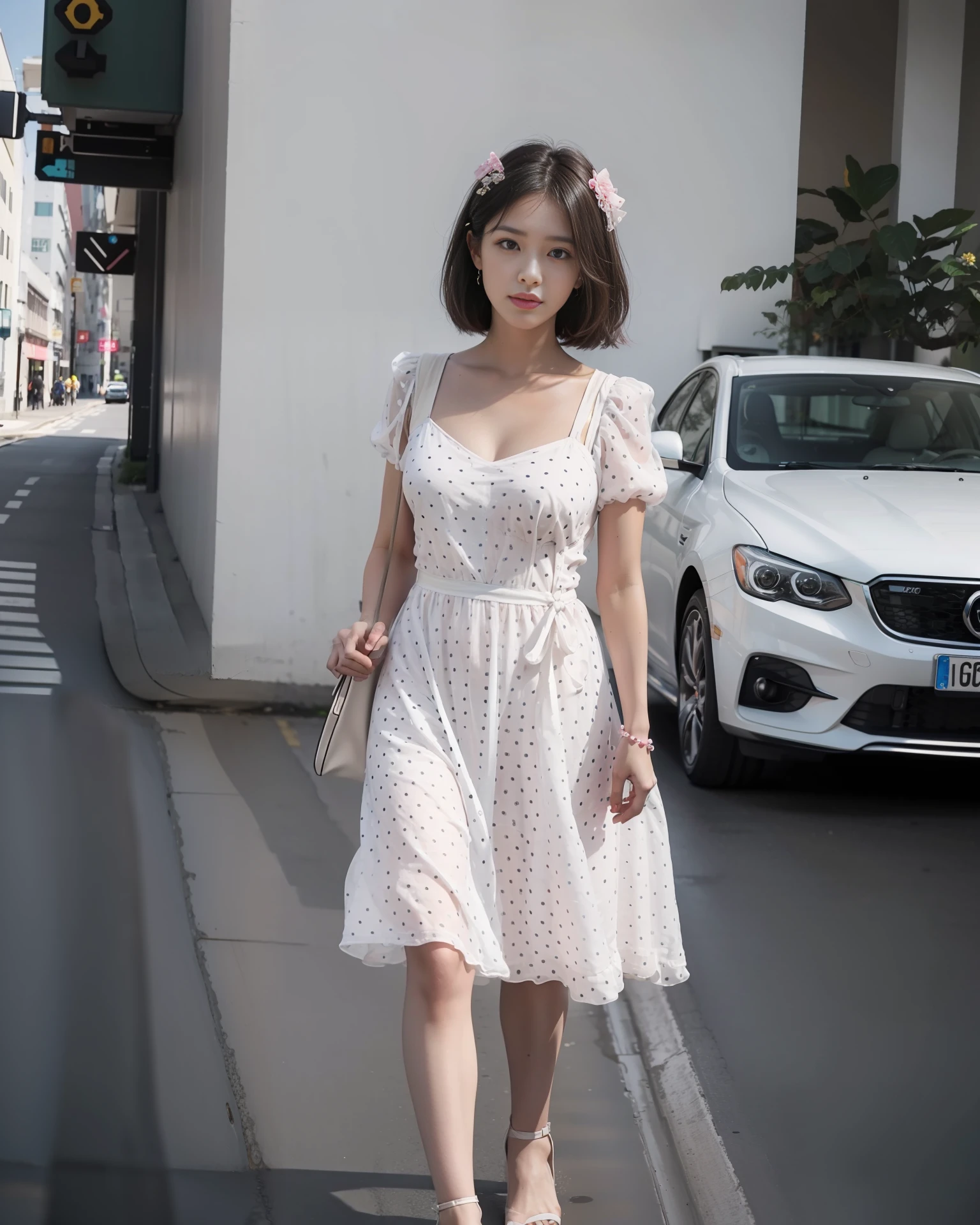 Girls, wear a polka-dot chiffon dress, (color is pink: 1.3), the material is chiffon, light and breathable, not easy to wrinkle, the length of the dress is knee-length, the neckline is a round neck, the sleeves are short sleeves, the waist is an elastic belt, the skirt is ruffles, and the overall style is sweet and cute. (This dress has polka dot pattern: 1.3), paired with a white or pink tote bag or cross-body bag, round neck design, short sleeve design, elasticated waistband design, skirt ruffle design, polka dot pattern design, both vintage and stylish, giving a fresh and lively feeling masterpiece, 4k, 8k, fine details, super high resolution, best quality, high definition, complex details, large file size, amazing, depth of field, natural shadows, (85mm, f/1.4, iso 200,1/600:0.75),(Whole body:1.3)