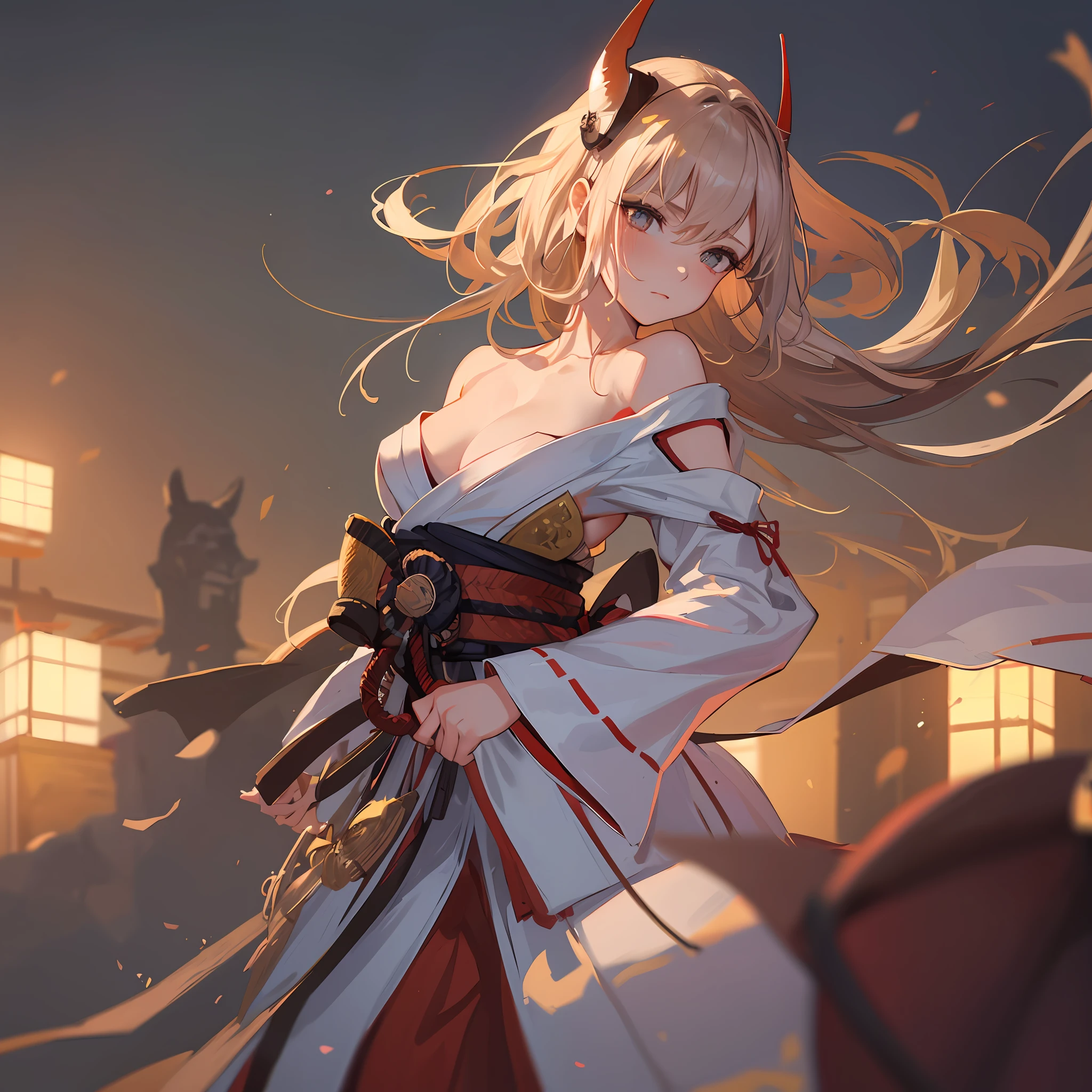 1 woman, portrait, beautiful 18 year old girl in samurai armor, wearing samurai helmet, Japan sword, KATANA, Himeji Castle, full moon, sparks, flame, sengoku, war, Japan castle, full body, slim body, small breasts, dynamic angle, photorealistic, hyper realistic, hyper detail, detailed skin, Matte skin, soft lighting, realistic, heavy shadows, masterpiece, highest quality, ultra-realistic, 8K, golden ratio, complex, high detail, film photography, soft focus, blurred background,