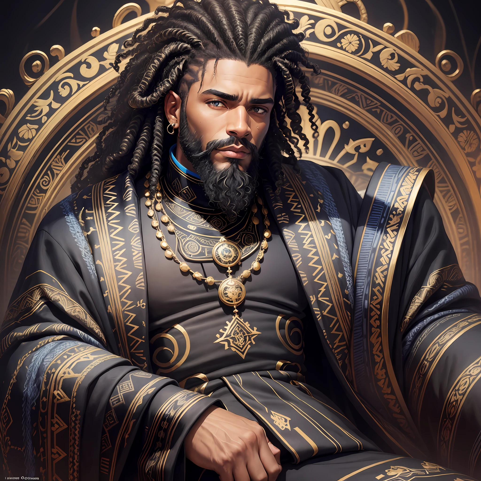 Black man, earring, black curly hair, big beard, blue eyes. Front view, head up. Wearing robe, black with designs of golden clouds, turtleneck. Seated. Dark background with neon details. Hdr