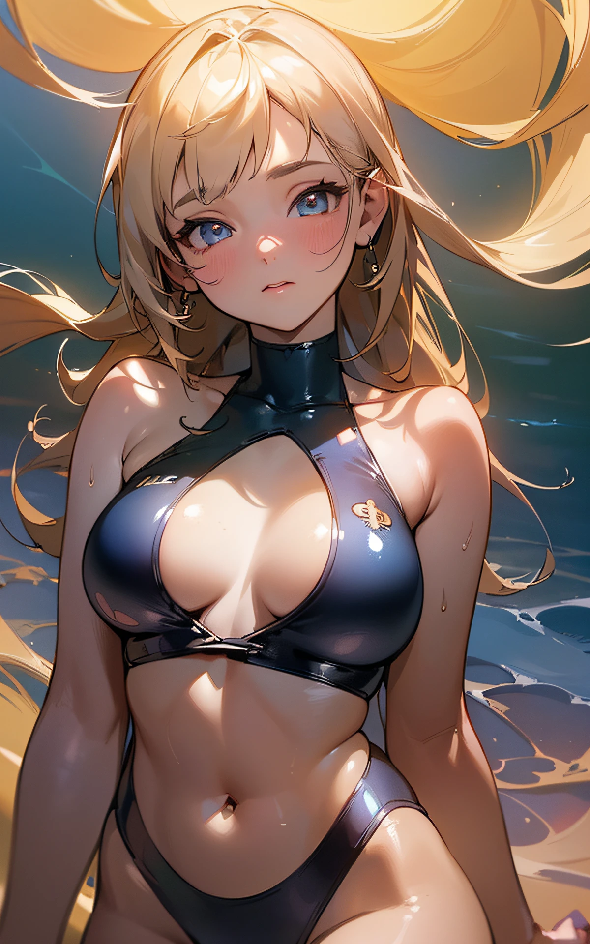 ((unity 16k wallpaper, masterpiece, best quality, ultra-detailed, extremely detailed CG, caustics, cinematic lighting, detailed, beautiful detailed eyes)), ultra high resolution, fine skin, (cute: 1.2), ( 15 year old girl), (old school swimsuit: 1.6)), summer background, ((writing background))