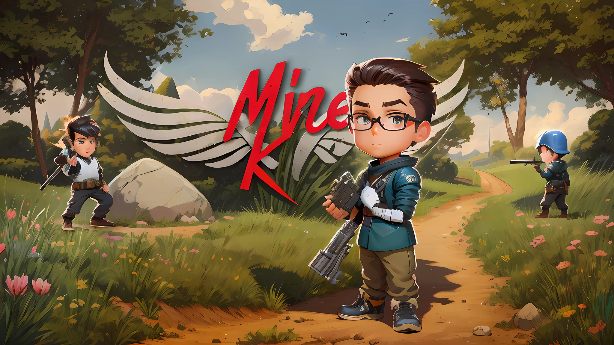 cartoon of a boy with a rifle and a stone in a field, official fanart, official art, mk ninja, kilbourne kellogg miner, mine kings, stylized game art, high quality fanart, mobile game art, minagho, inspired by max klinger, game art, key art, official art, mine