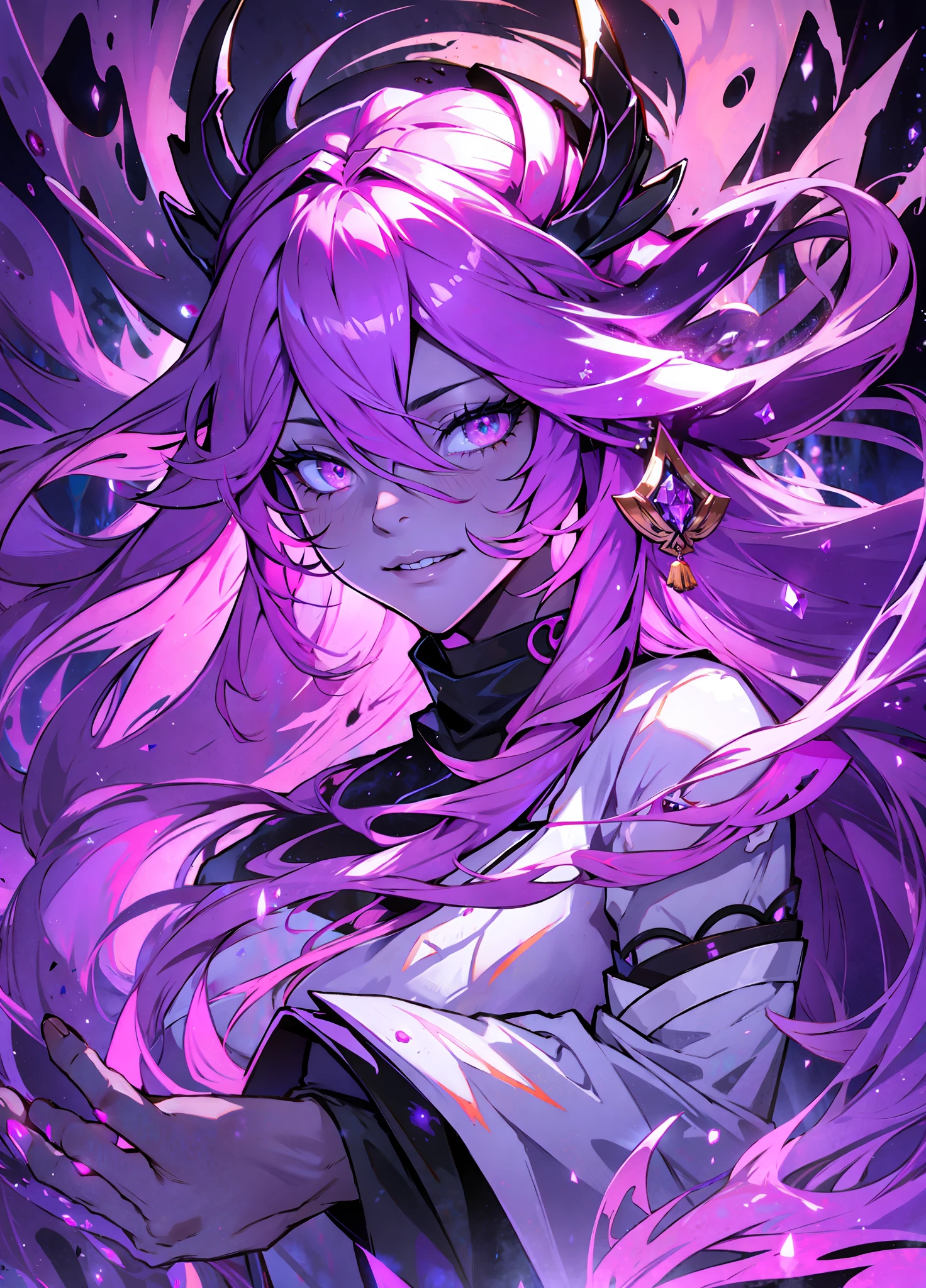 realistic, cinematic light, horror, highest quality, ultra-detailed,  best quality, masterpiece, (detailed face),  a dress covered body made black , white pants,demon girl , glowing flowing sparkles, floating ember crystals, scary hair jewelry, the metal reflecting light, house, long hair, pink hair, yae miko,  purple eyes, glowing floating spiders, emitting magic energy, dark, light reflection, horror theme, moonlight, hidden hands --s2