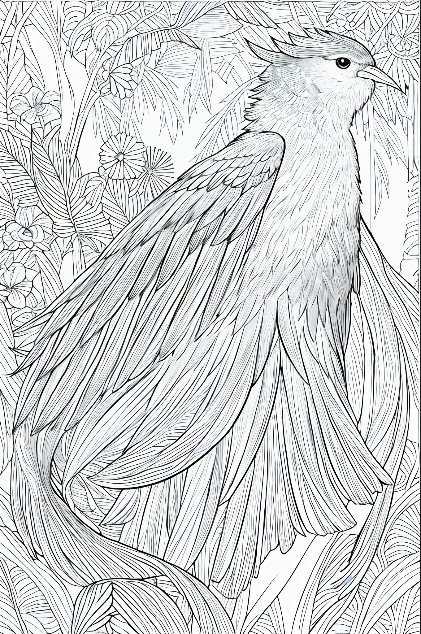 masterpiece, best quality, Coloring pages of animals in line art, an exotic bird, in a tropical forest, in a watercolor painting style, with delicate brushstrokes and pastel tones /--air 1:1 --v 4