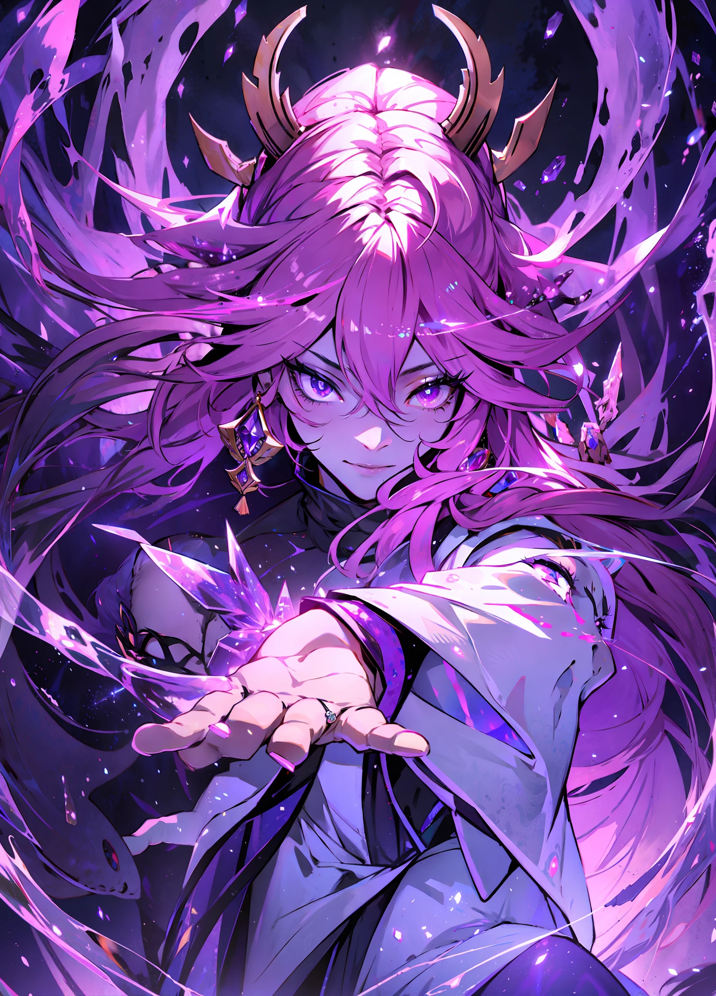 realistic, cinematic light, horror, highest quality, ultra-detailed,  best quality, masterpiece, (detailed face),  a dress covered body made black , white pants,demon girl , glowing flowing sparkles, floating ember crystals, scary hair jewelry, the metal reflecting light, house, long hair, pink hair, yae miko,  purple eyes, glowing floating spiders, emitting magic energy, dark, light reflection, horror theme, moonlight, hidden hands --s2