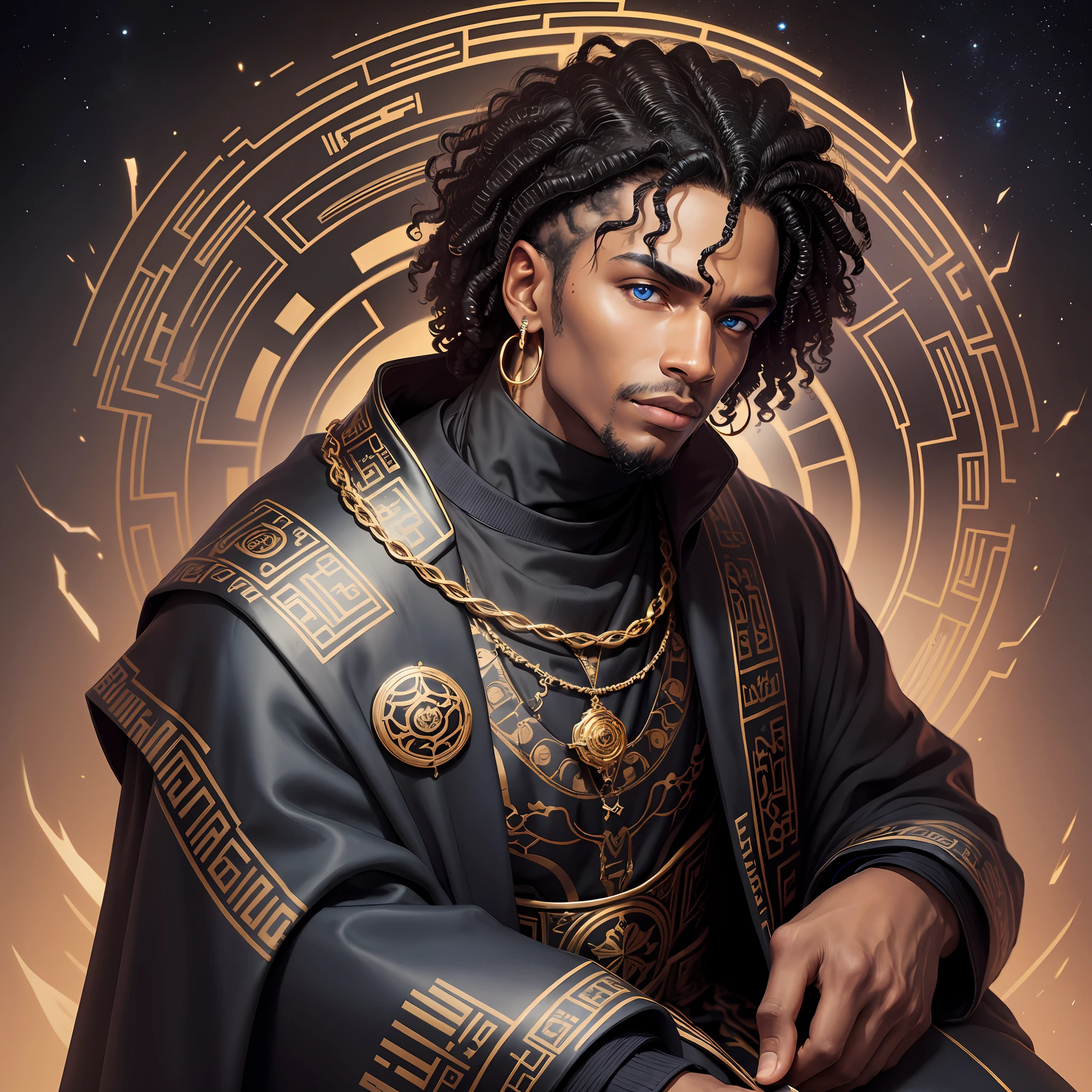 Black man, earring, black curly hair, blue eyes. Front view, head up. Wearing robe, black with designs of golden clouds, turtleneck. Seated. Dark background with neon details. Hdr