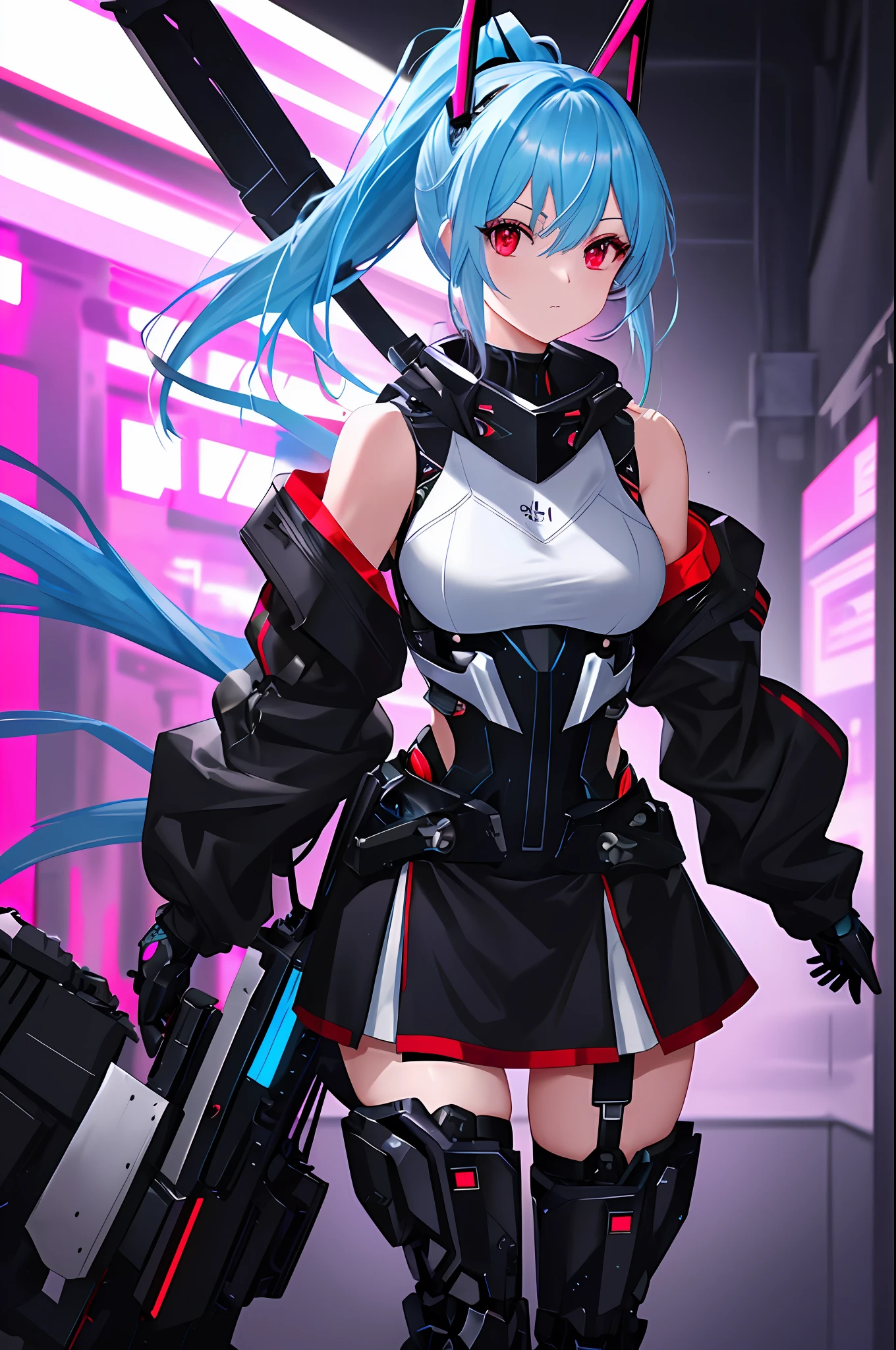 Absurd, very precise details, intricate details, highly detailed 8K wallpaper, (transcendently beautiful girl: 1.5), BREAK, light blue hair, ponytail, shoulder-to-back, back focus, (beautiful bare back), (beautiful bare shoulders), (exoskeleton leotard: 1.4), (red eyes: 1.1), break, headgear covered (mechanical joints, mechanical limbs: 1.4), perfect five fingers, covered up to the ears, Red scarf around the neck, black miniskirt, cyberpunk, neon lights