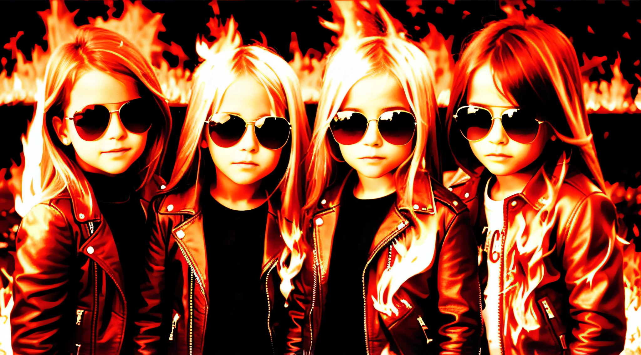 3 girls blonde children WITH STRAIGHT HAIR WITH SUNGLASSES, RED LEATHER JACKET AND BLACK CLOTHING. PORTRAT STYLE, flames are glowing in the dark with a reflection of fire, flames of fire, flames in the background, fire and flames, flames in the background, place of fire roaring, flames of fire in the background, flames in flames, flames in the background, red flames in the background, fire and flames and smoke, fire in flames, many flames, flame and fire, fire in the background, Multiple flames