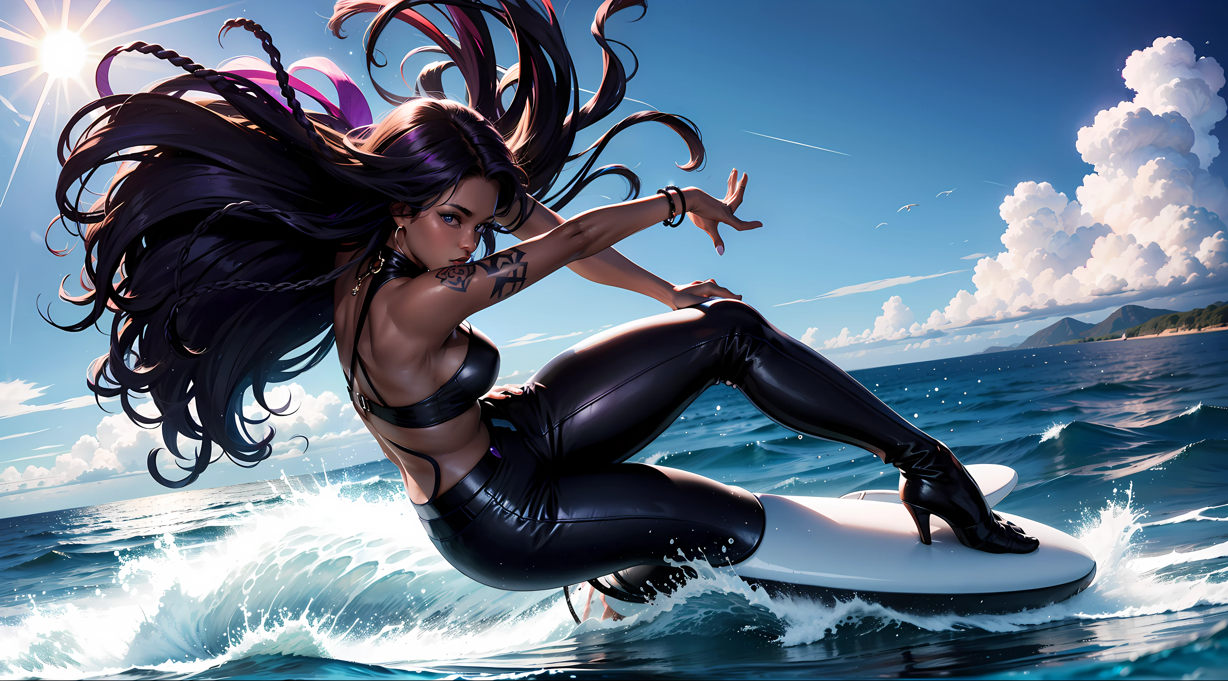 A black girl surfing in a sparkling, mystical ocean with the sun rising and with gorgeous and magnificent curly hair with confident purple eyes, goth, lights and shadows