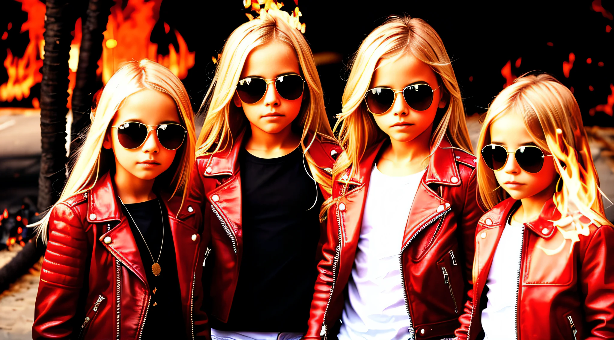 3 girls blonde children WITH STRAIGHT HAIR WITH SUNGLASSES, RED LEATHER JACKET AND BLACK CLOTHING. PORTRAT STYLE, flames are glowing in the dark with a reflection of fire, flames of fire, flames in the background, fire and flames, flames in the background, place of fire roaring, flames of fire in the background, flames in flames, flames in the background, red flames in the background, fire and flames and smoke, fire in flames, many flames, flame and fire, fire in the background, Multiple flames