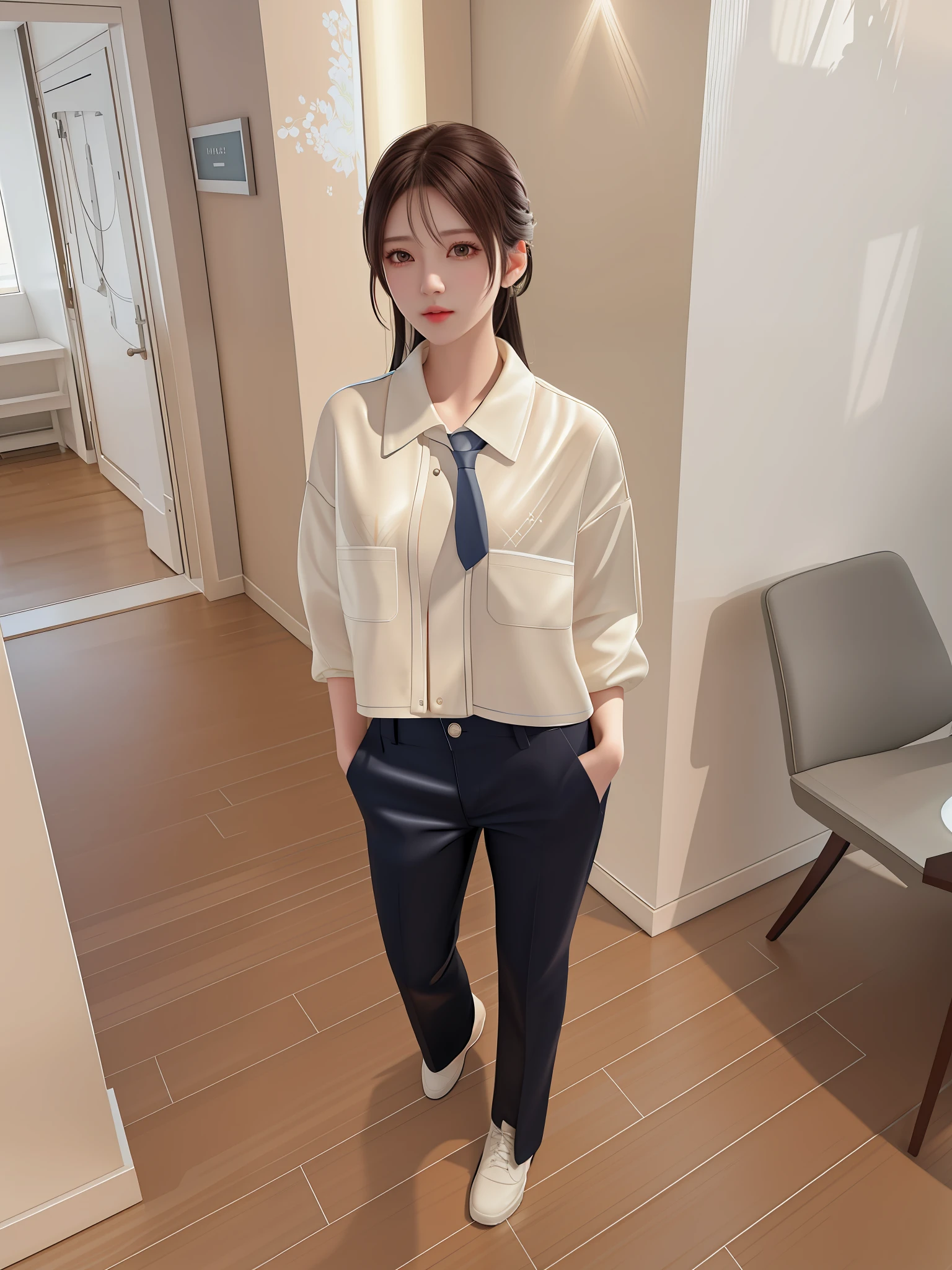 There is a woman standing in a room, wearing a tie, cropped shirt and jacket, wearing a shirt, cream shirt, jia, overalls, tsubame, white shirt, white silk clothing, Yoshitomo Nara, style by Emma Andijewska, Chie Yoshii, Chen Xintong, exclusive, collared shirt, best quality, masterpiece, high resolution, 1girl, beautiful face, tyndall effect, realistic, edge lighting, two-tone lighting, (high detail skin: 1.2), 8k UHD, DSLR, soft lighting, high quality, volumetric lighting, frankness, photo, high resolution, 4k, 8k, bokeh, detail enhancement