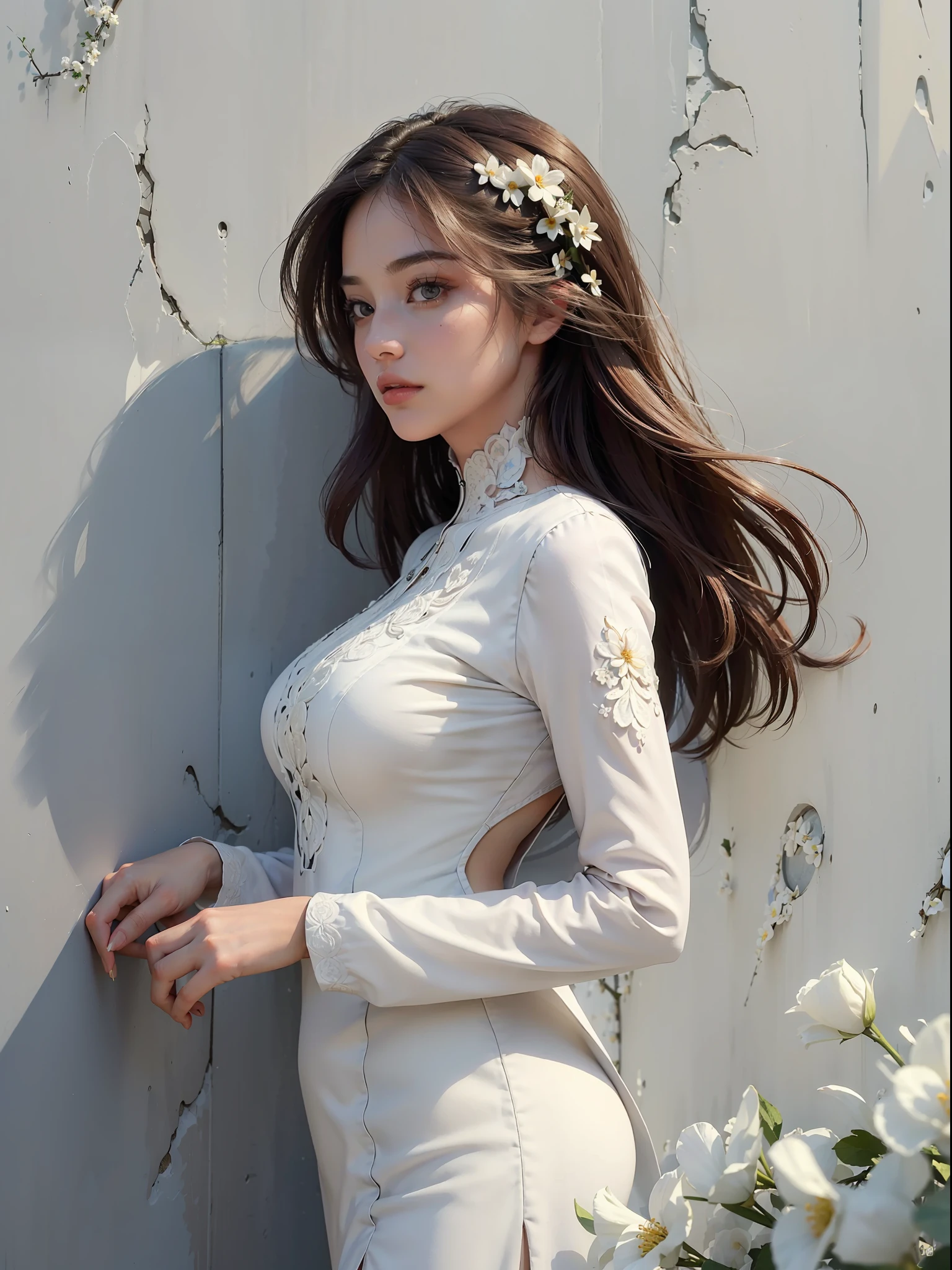 (((best quality))),(((ultra detailed))),(((masterpiece))),illustration,sleek hair,serene eyes,female,graceful,modern attire,leaning against a wall,side view,holding a blooming flower