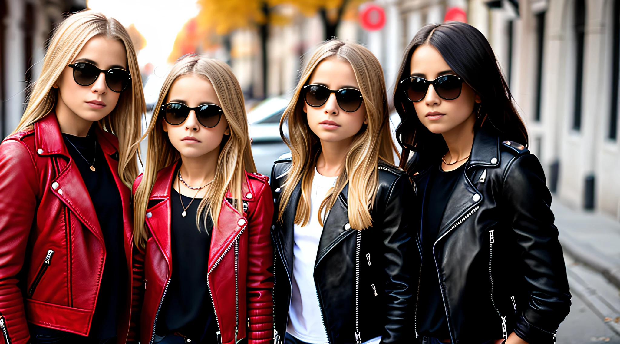 3 girls blonde children WITH STRAIGHT HAIR WITH SUNGLASSES, RED LEATHER JACKET AND BLACK CLOTHING. PORTRAT STYLE.