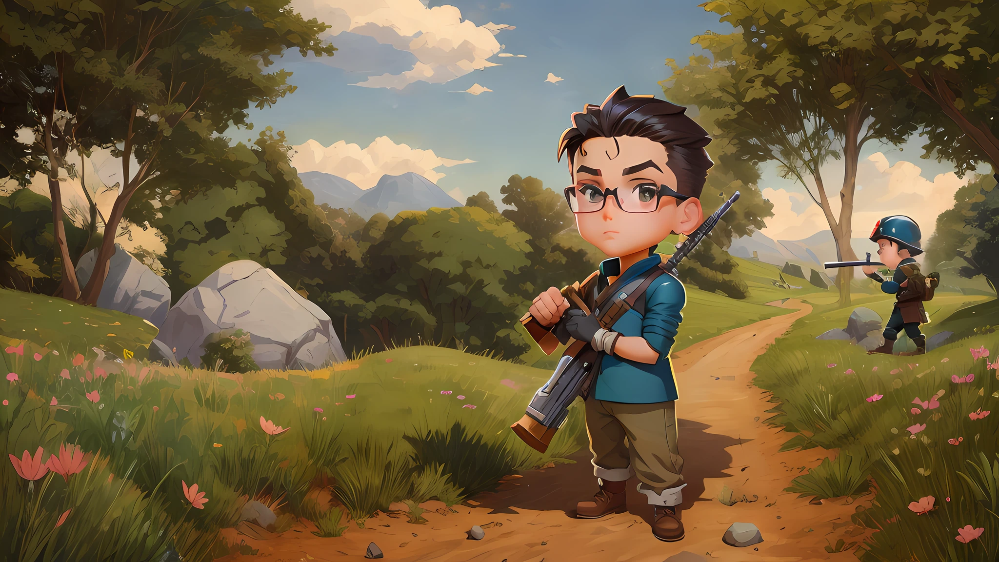 cartoon of a boy with a rifle and a stone in a field, official fanart, official art, mk ninja, kilbourne kellogg miner, mine kings, stylized game art, high quality fanart, mobile game art, minagho, inspired by max klinger, game art, key art, official art, mine